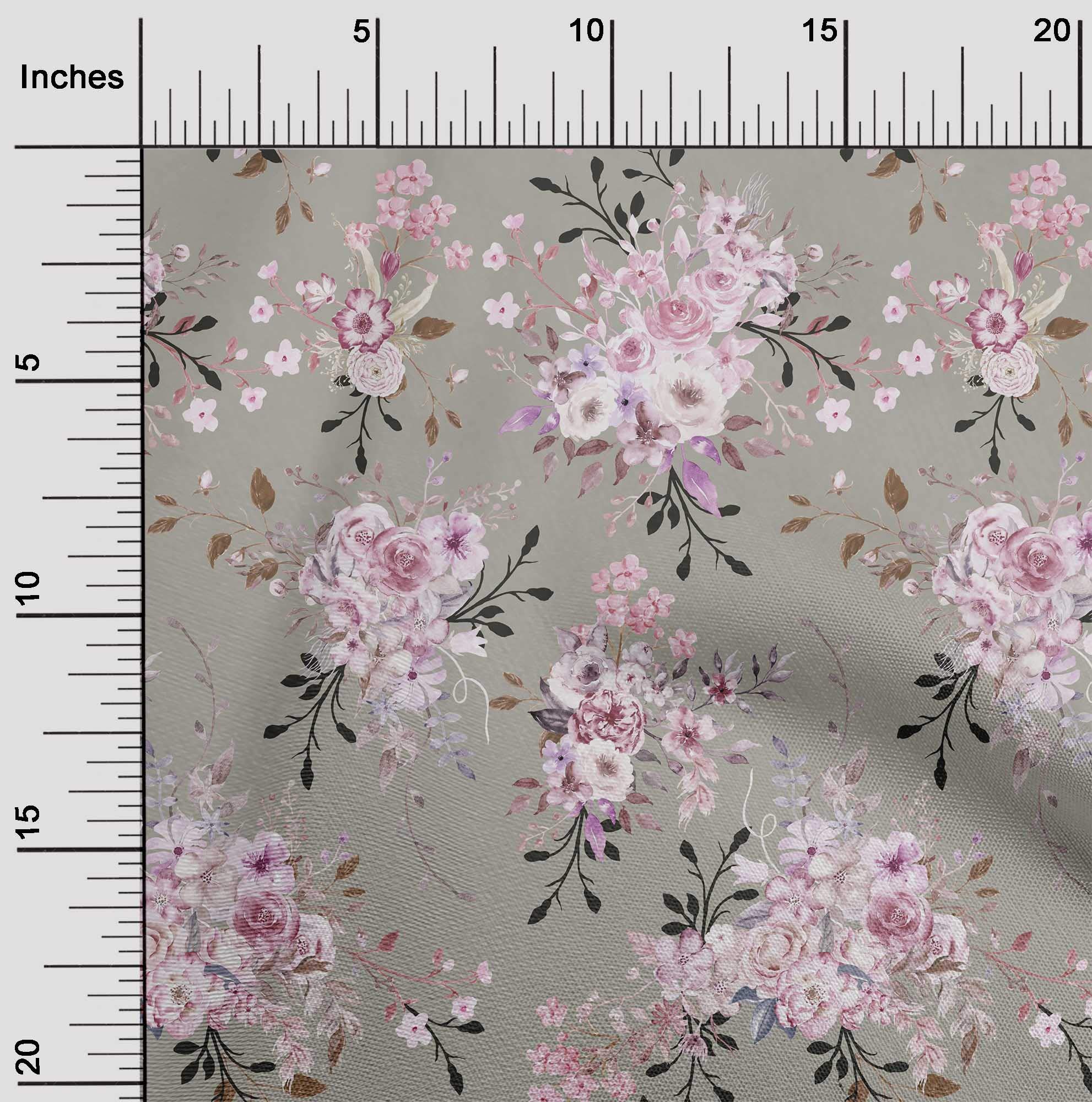 oneOone Polyester Spandex Fabric - Dusty Gray Watercolor Floral Print with Leaves | 56 Inch Wide for DIY Clothing, Quilting & Home Decor | Perfect for Dresses, Curtains and Craft Projects