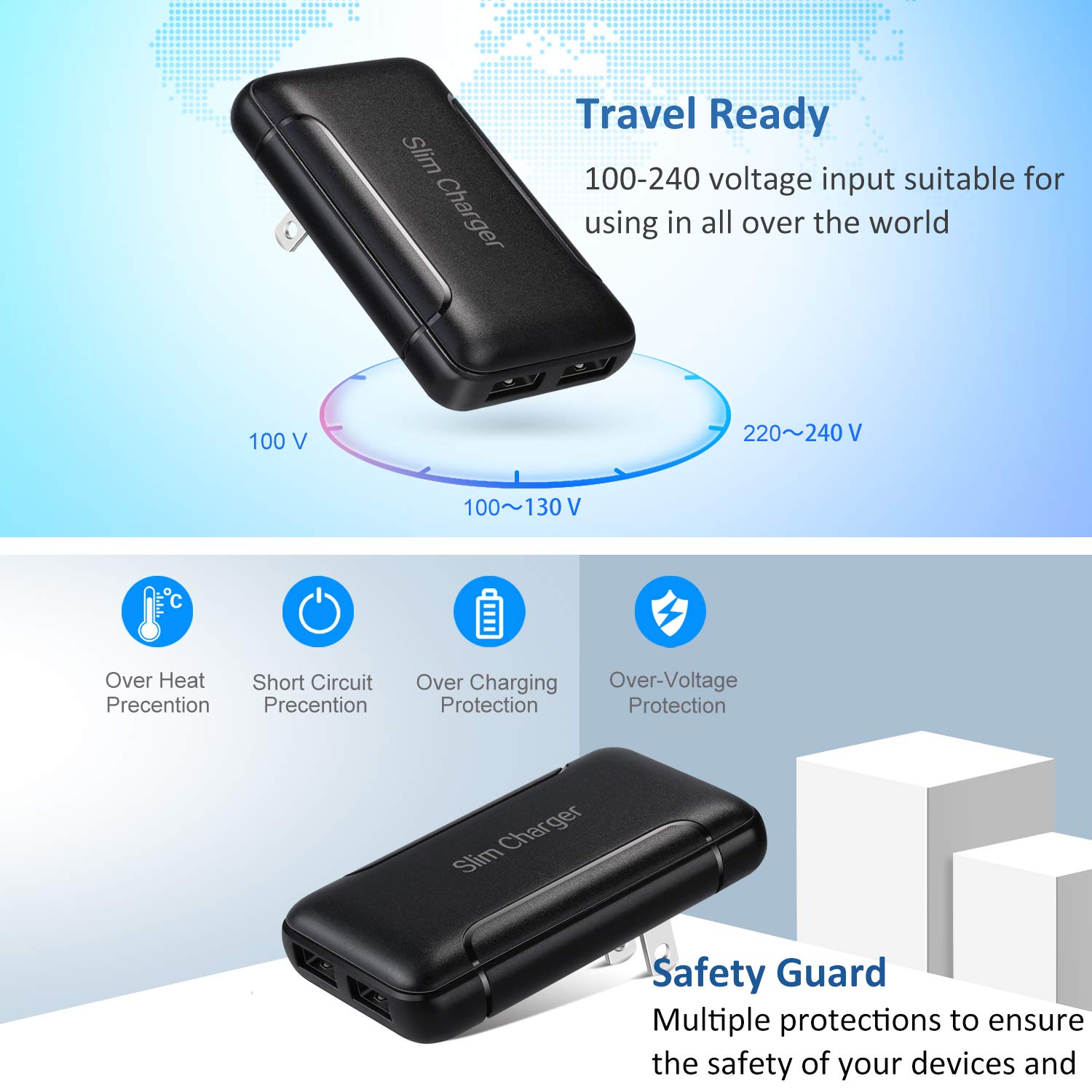 Pofesun 2-Pack 15W Slim Flat USB Wall Charger with Foldable Plug - Dual Port 3A Fast Charging Adapter for iPhone 16/15/14/13/12/11 Pro Max, Samsung Galaxy, LG - Perfect for Travel, Home & Office Use (Black)