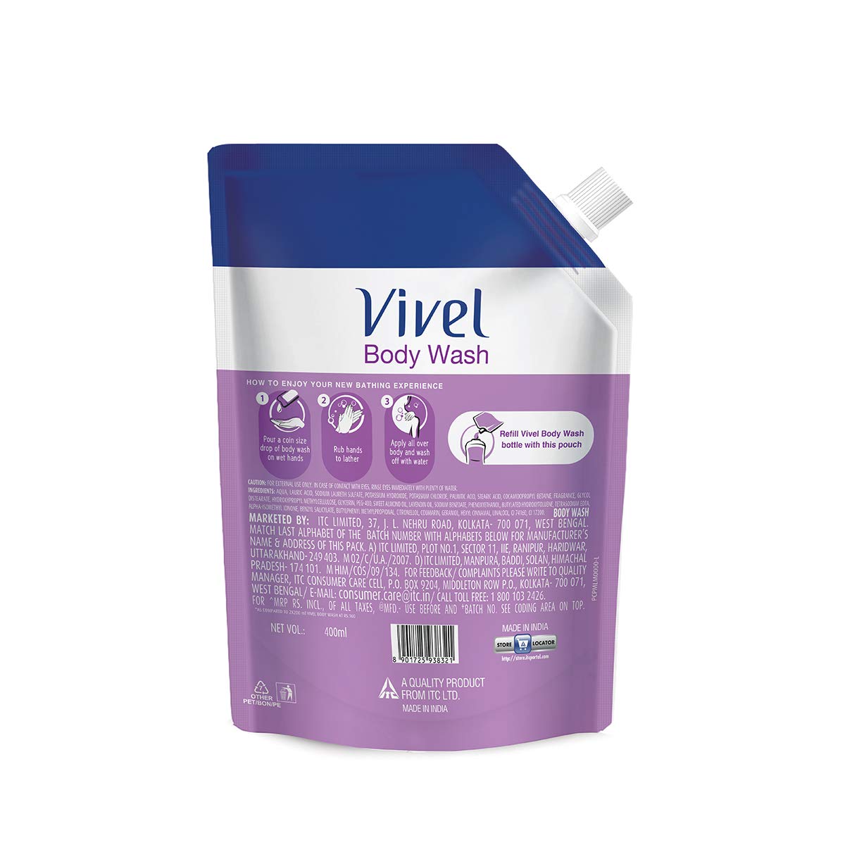 Vivel Aloe Vera & Vitamin E Bath Soap for Soft Glowing Skin - Refreshing Fragrance - 150g Combo Pack (4 Bars) | Lavender Almond Oil Body Wash Shower Gel - 400ml Liquid Refill Pouch - Moisturizing & Relaxing for Daily Shower & Spa Experience