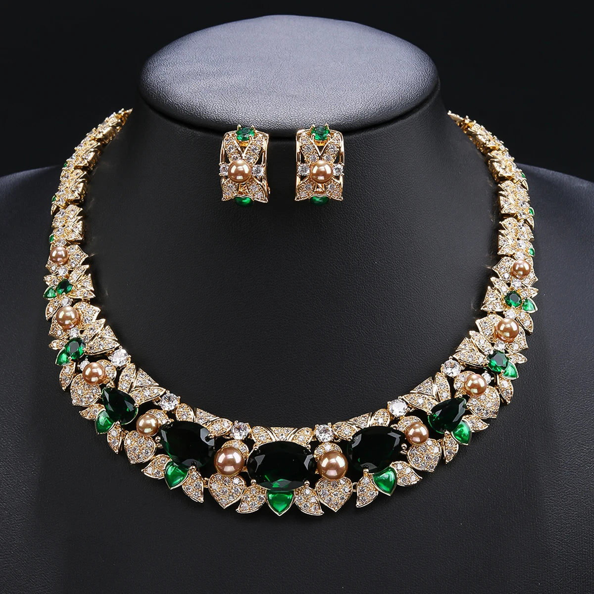 Luxury Cubic Zirconia Pearl Necklace & Earrings Set for Women - Elegant Bridal Wedding Jewelry - Perfect for Weddings, Parties, and Special Occasions