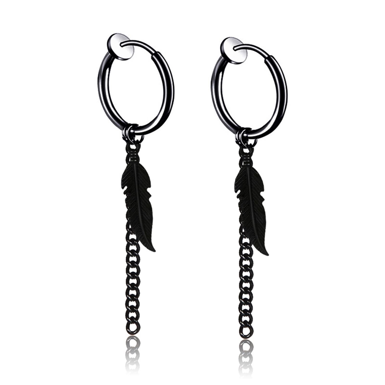 Trendy Stainless Steel Hoop Earrings with Feather Chain - Round Piercing Jewelry for Women & Men | Perfect for Parties, Weddings & Everyday Fashion
