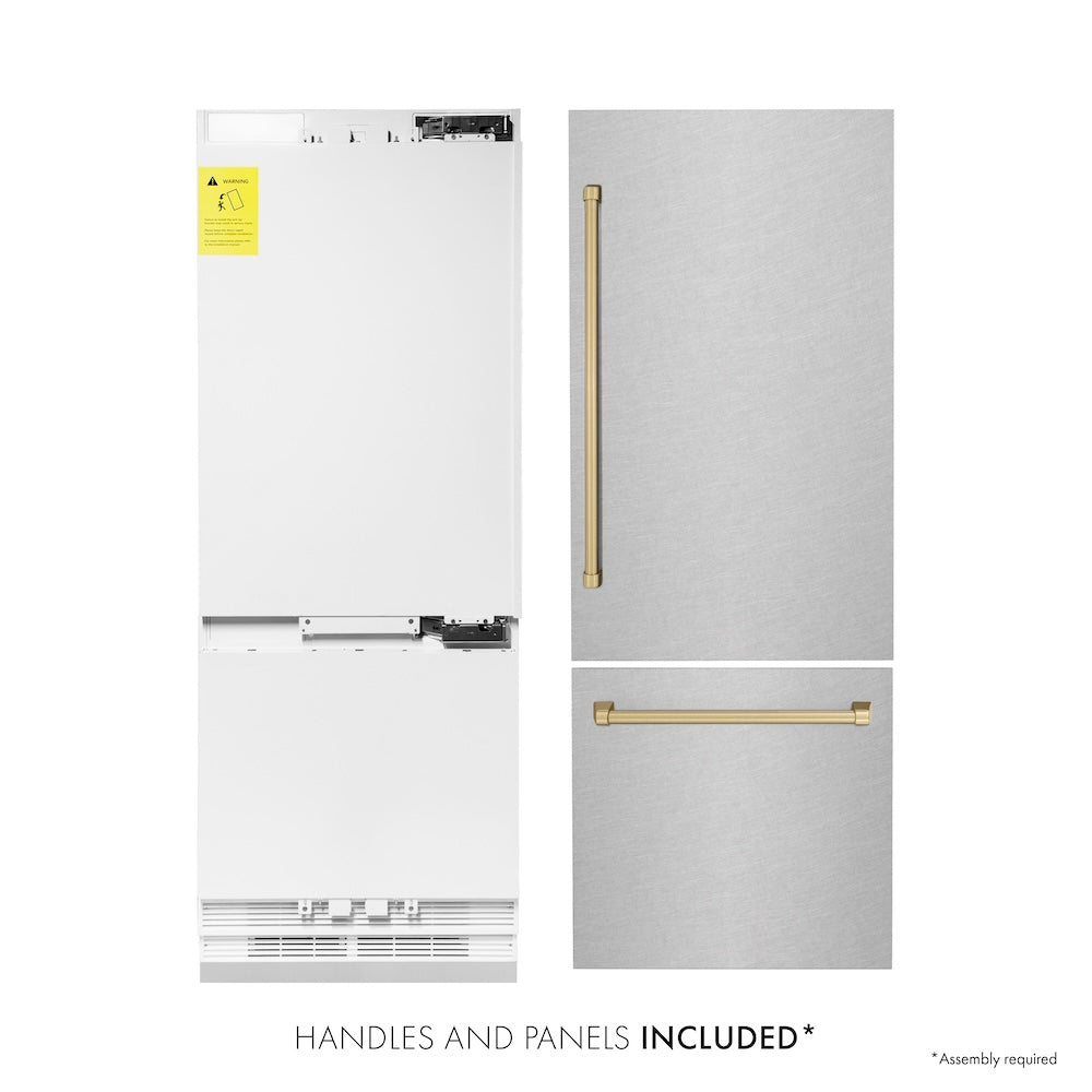 ZLINE Autograph Edition 30 Inch Built-In Bottom Freezer Refrigerator - 16.1 cu ft Capacity, Water Dispenser & Ice Maker - Satin Stainless Steel with Champagne Bronze Accents (RBIVZ SN 30 CB) - Perfect for Modern Kitchens, Open Concept Homes & Luxury Appliances Collection