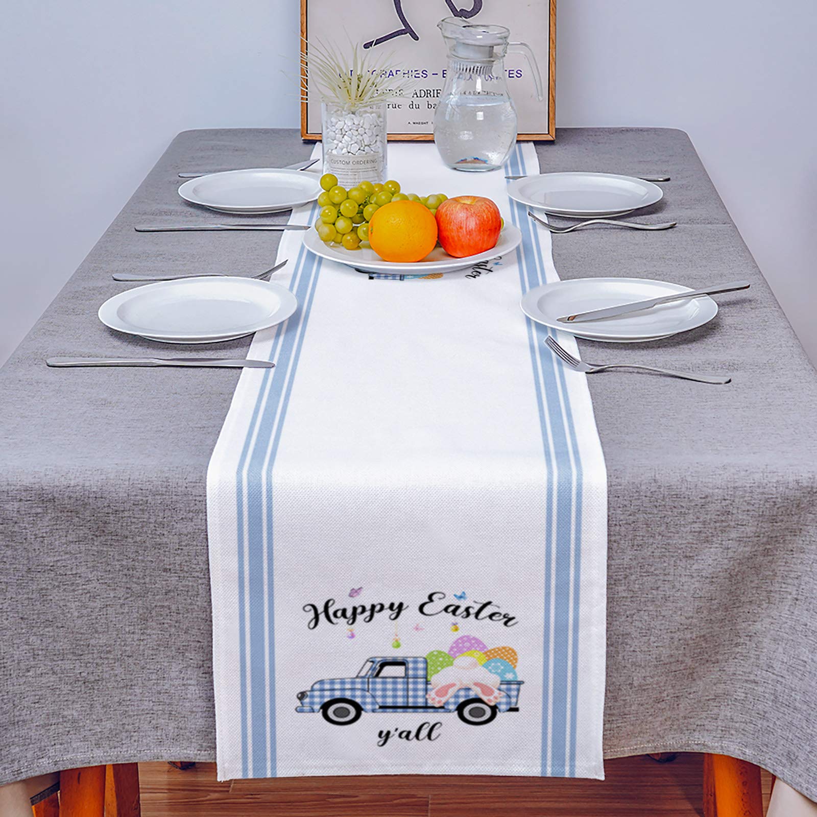 Easter Cotton Linen Table Runner - Blue Stripe Buffalo Check Farmhouse Kitchen Decor - 18x72 Inch Holiday Dining Table Scarf for Easter Dinner, Spring Decorations, Bunny & Egg Theme - Perfect for Farmhouse Style Dining Room, Buffet Table, and Holiday Party Decor