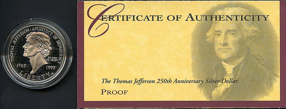 1993 Proof Thomas Jefferson 250th Anniversary Silver Dollar Coin - Original Government Packaging (OGP) | Collectible Commemorative Coin for Investors & History Enthusiasts