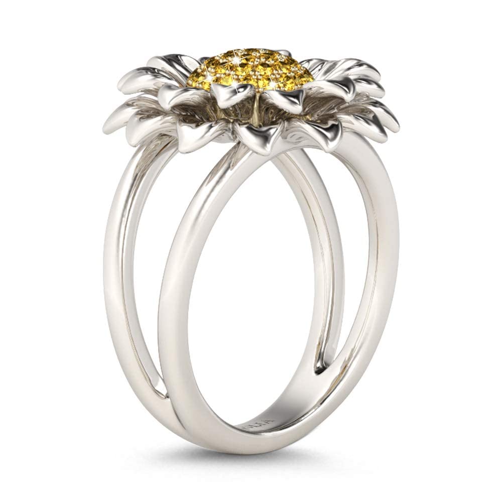 Jeulia S925 Sterling Silver Sunflower & Daisy Intertwined Rings for Women - Hawaiian Flower Halo Engagement Ring Set, Bridal Anniversary Gift with Jewelry Box - Perfect for Beach Weddings, Boho Style & Everyday Wear