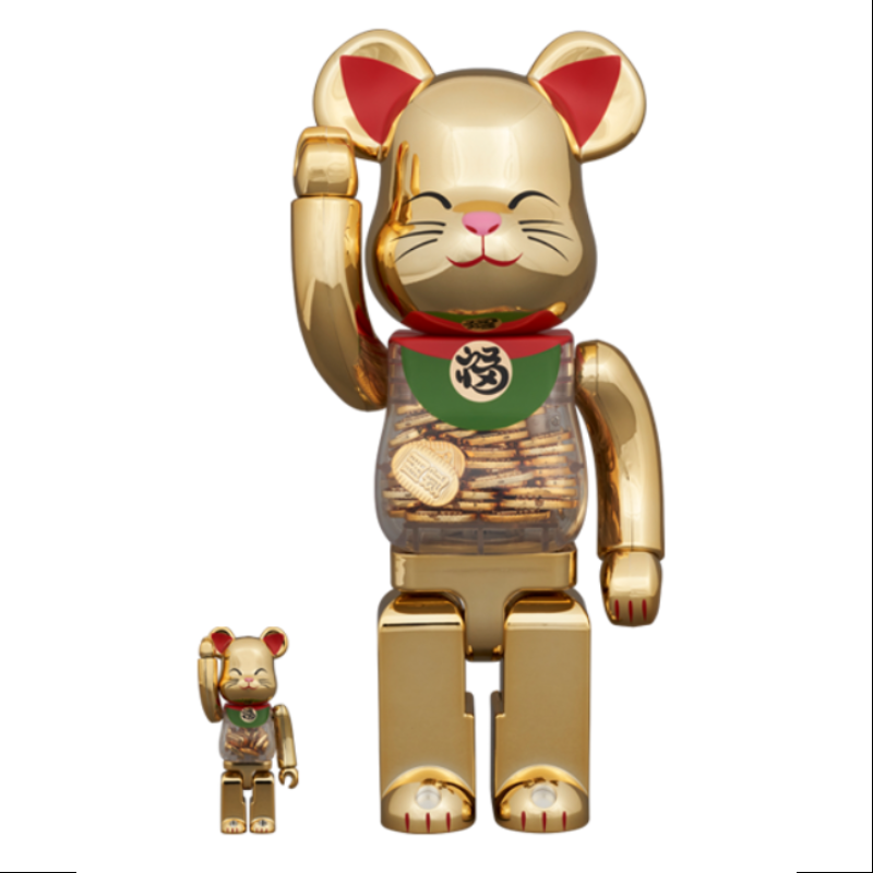 Be@rbrick Lucky Cat Golden Version 400% & 100% Limited Edition 2024 - Japanese Vinyl Art Toy Collectible for Home Decor, Office Display, and Anime Merchandise Collection