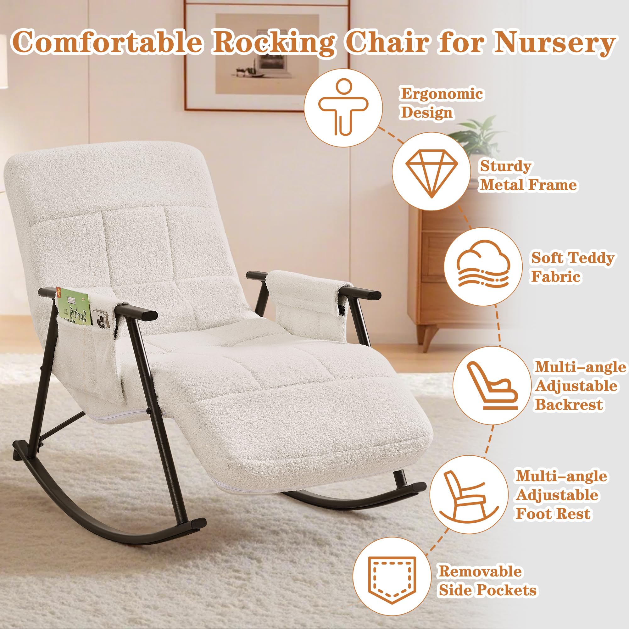 VECELO High Back Nursery Rocking Chair with Footrest - Teddy Upholstered Reclining Glider Rocker - Comfortable Armchair with Padded Seat & Removable Side Pockets - Perfect for Nursery, Living Room, Bedroom & Balcony - White