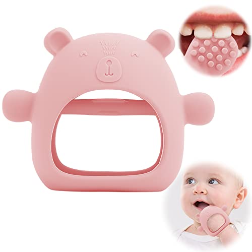 QANGCE Baby Teething Toys for 0-6 Months - Food Grade Silicone Teether with Anti-Drop Design & Massage Granules to Soothe Teething Pain - Pacifier for Infants (Dark Pink) - Perfect for Home, Travel & Daycare Use