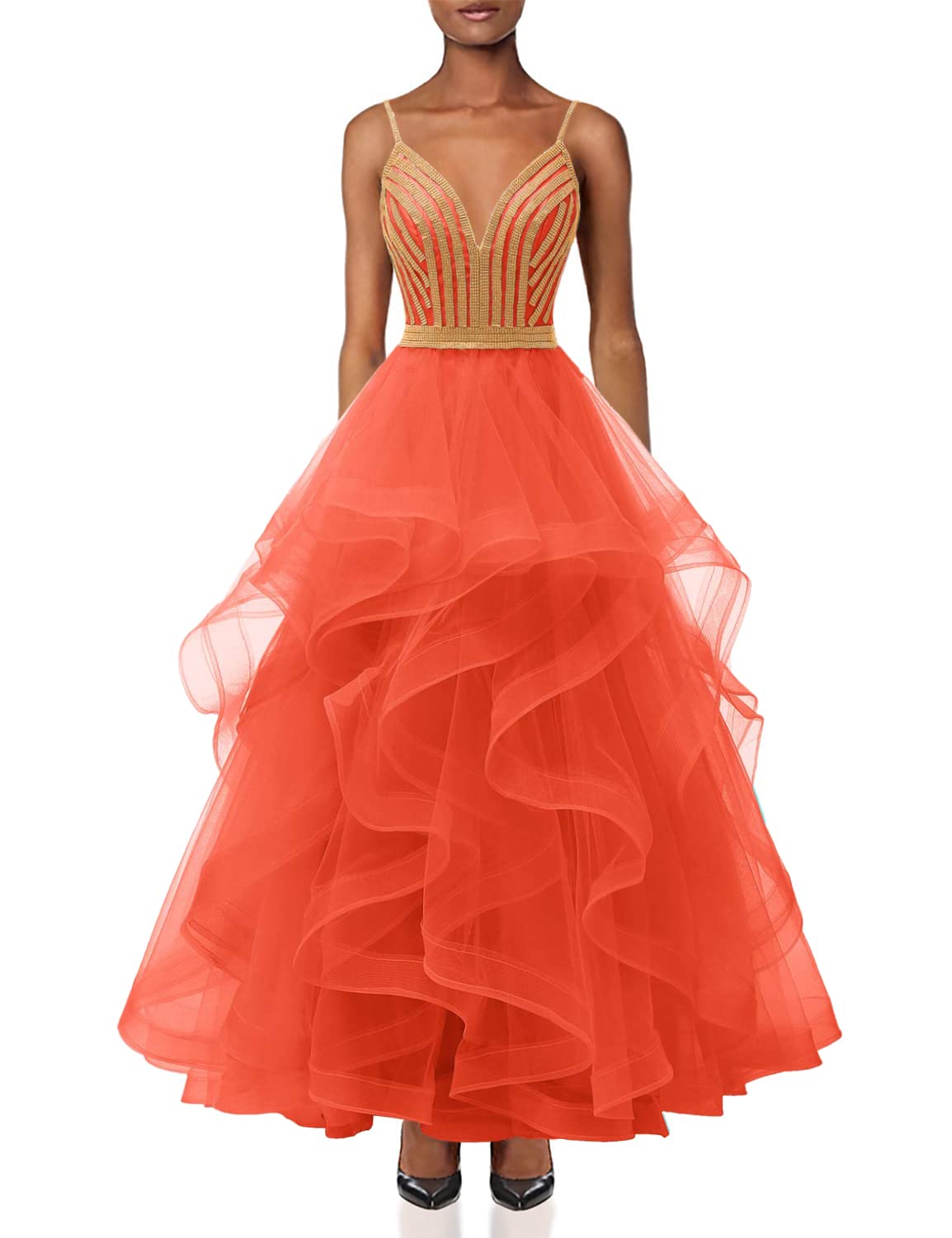 Chupeng Women's Gold Crystal Tiered Tulle Prom Dress - Elegant Spaghetti Strap Long Formal Evening Gown for Cocktail Party, Homecoming, Wedding & Special Occasions