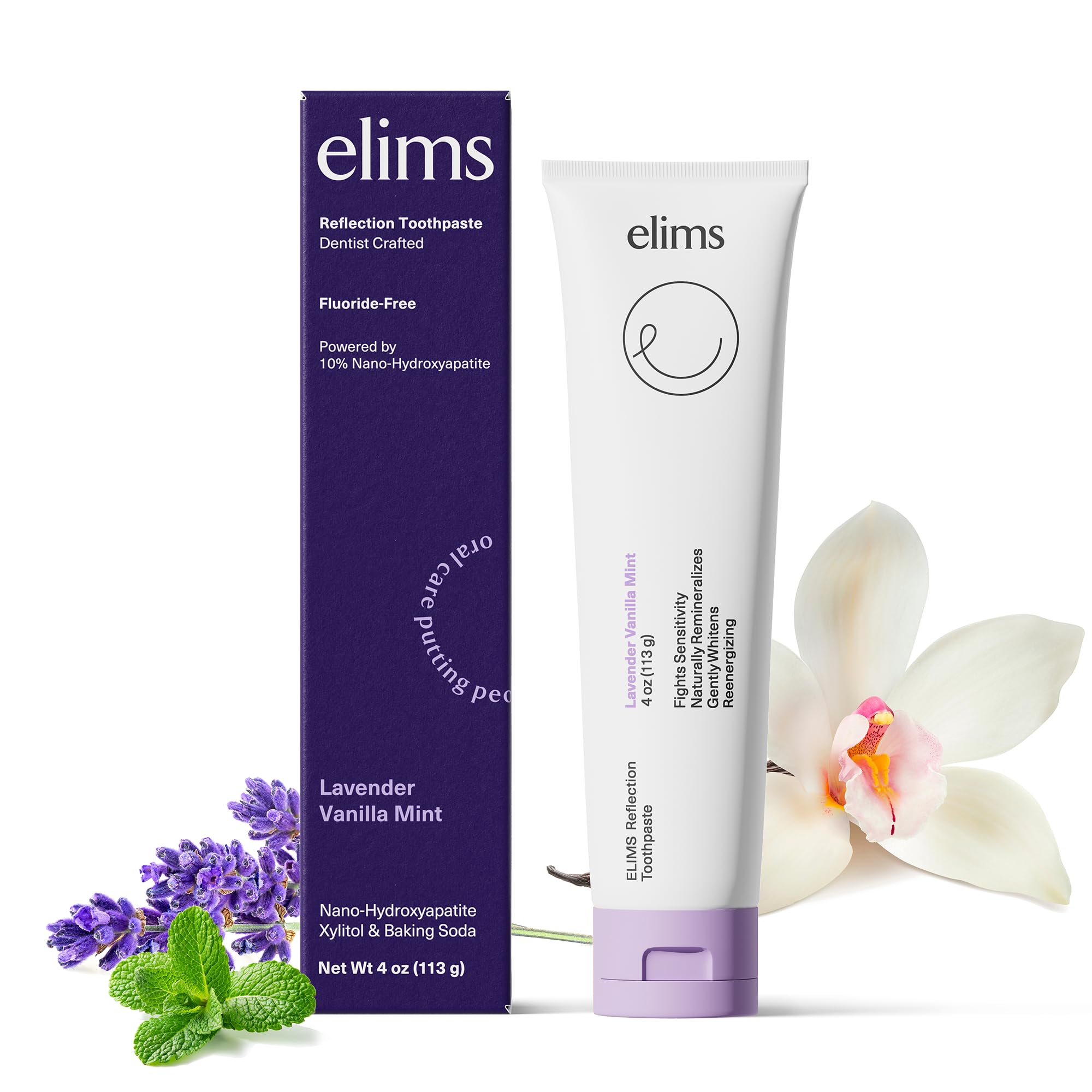 Elims Nano Hydroxyapatite Toothpaste - Fluoride-Free Remineralizing & Whitening Toothpaste for Sensitive Teeth, Xylitol Enriched, SLS-Free, Lavender Vanilla Mint Flavor for Adults & Kids (4oz) - Gentle Daily Care for Stronger, Brighter Teeth at Home or Travel