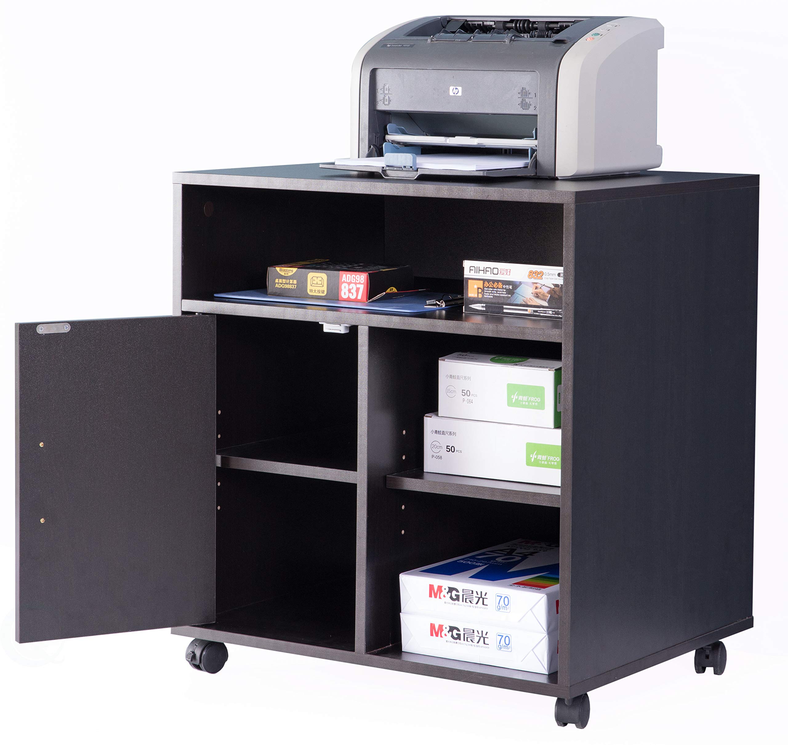 Basicwise Rolling Printer Stand for Kitchen & Office - Adjustable Storage Organizer with Casters, Black (QI003556.B) - Perfect for Home, Office & Small Spaces