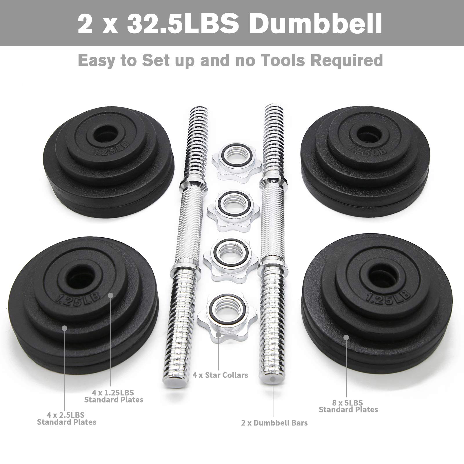Adjustable Cast Iron Dumbbells 65lbs (2x32.5lbs) Pair - Home Gym Strength Training Equipment for Weight Lifting, Bodybuilding & Fitness Workouts