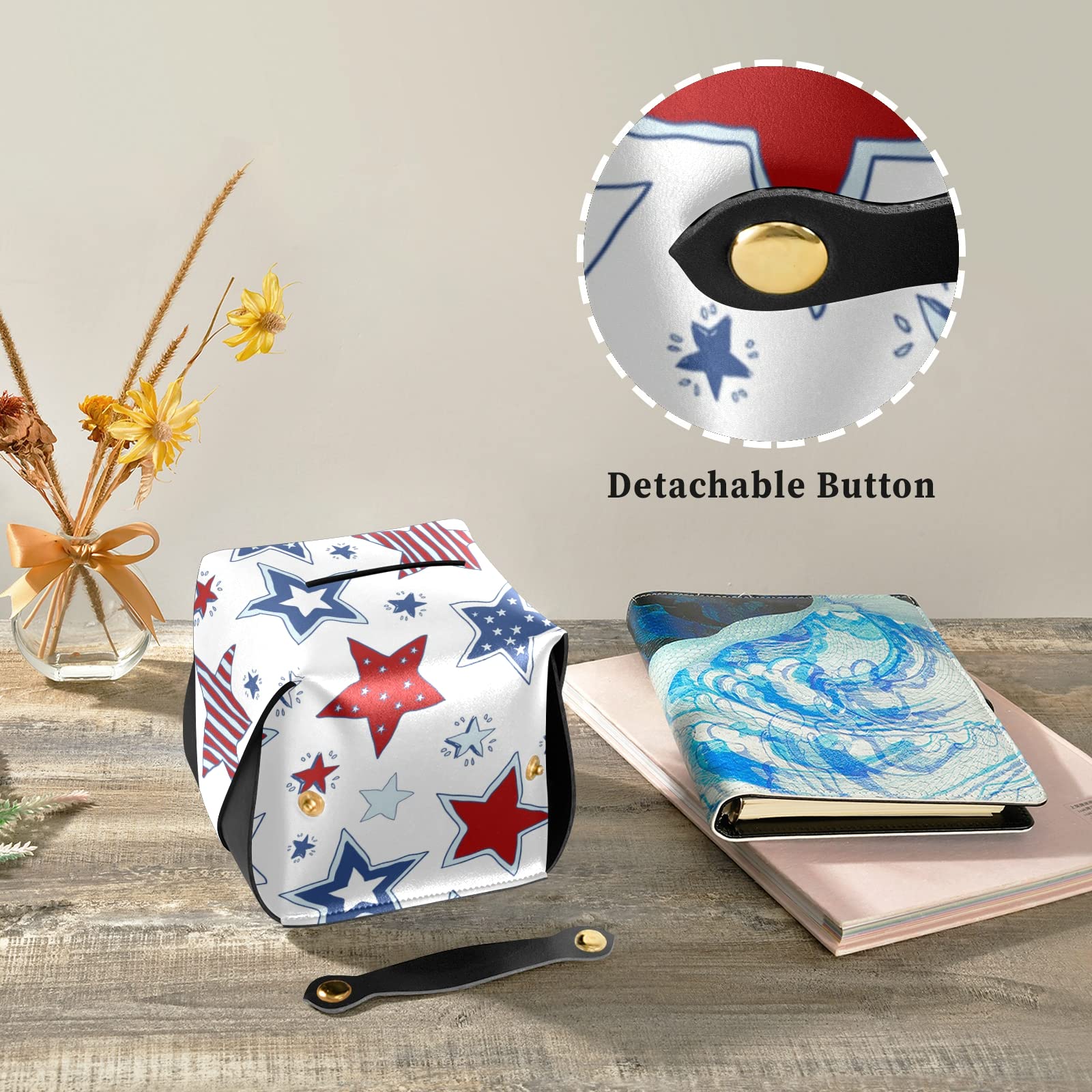 USA Flag Leather Tissue Box Cover - White & Blue Stars Design with Handle for Bathroom, Home, Office, Car | 5.7x5.7x5.7 in | Perfect for Nightstands, Vanity Countertops & Desk Decor