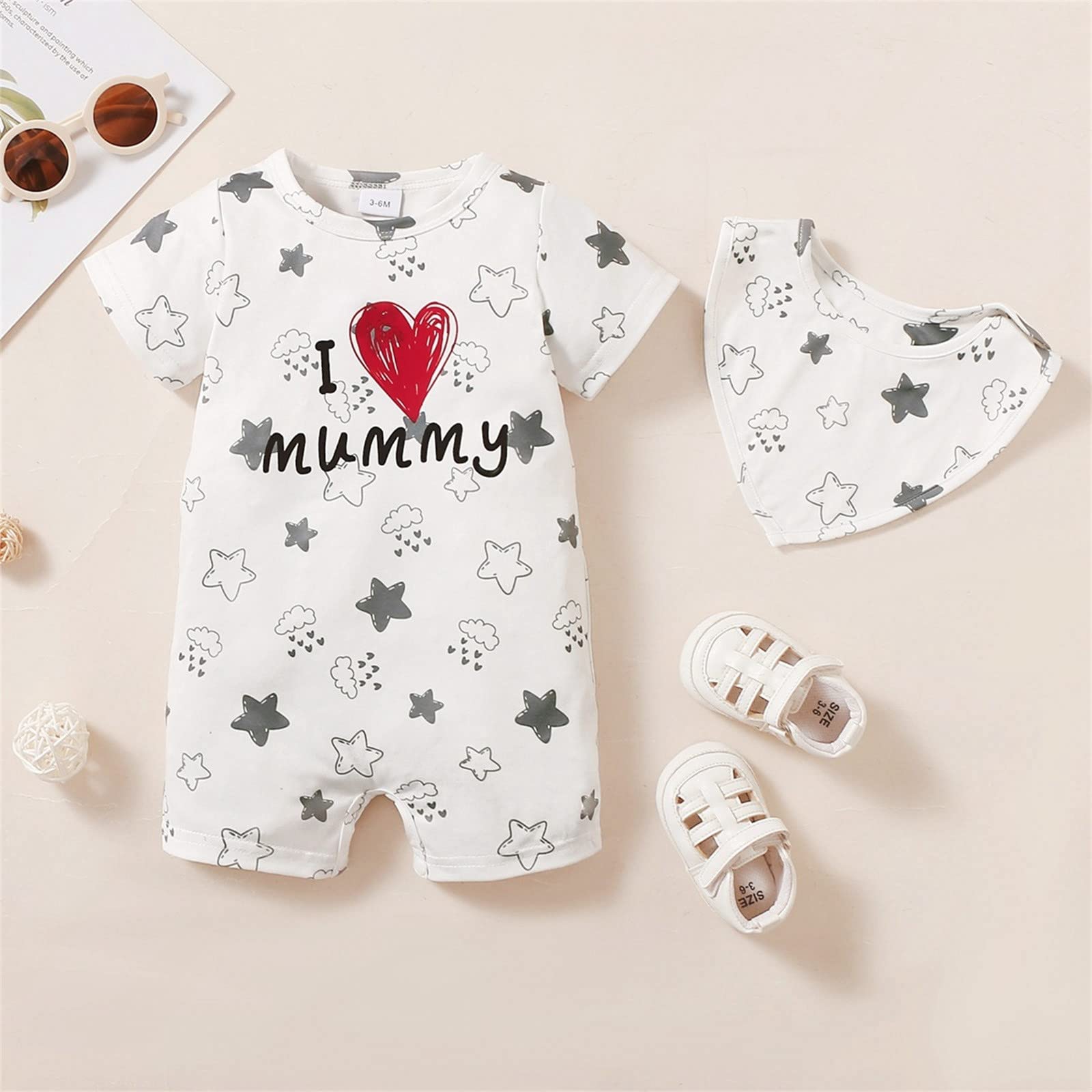 Toddler Girls & Boys Star Print Short Sleeve Romper Jumpsuit Set - Soft Cotton Baby Outfit for Playtime, Daycare & Family Photos