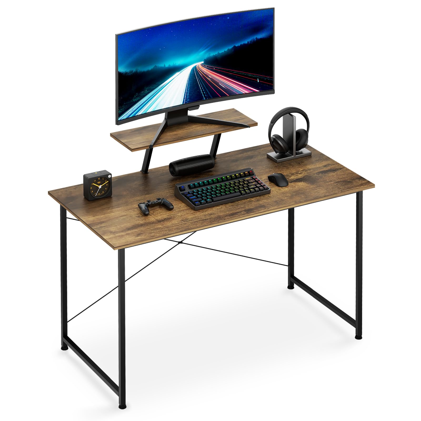 MoNiBloom 47-inch Modern Computer Desk with Monitor Stand | 2-Tier Storage Desktop for Home Office & Study | Durable Cinnamon Cherry Workstation | Perfect for Small Spaces, Gaming & Remote Work