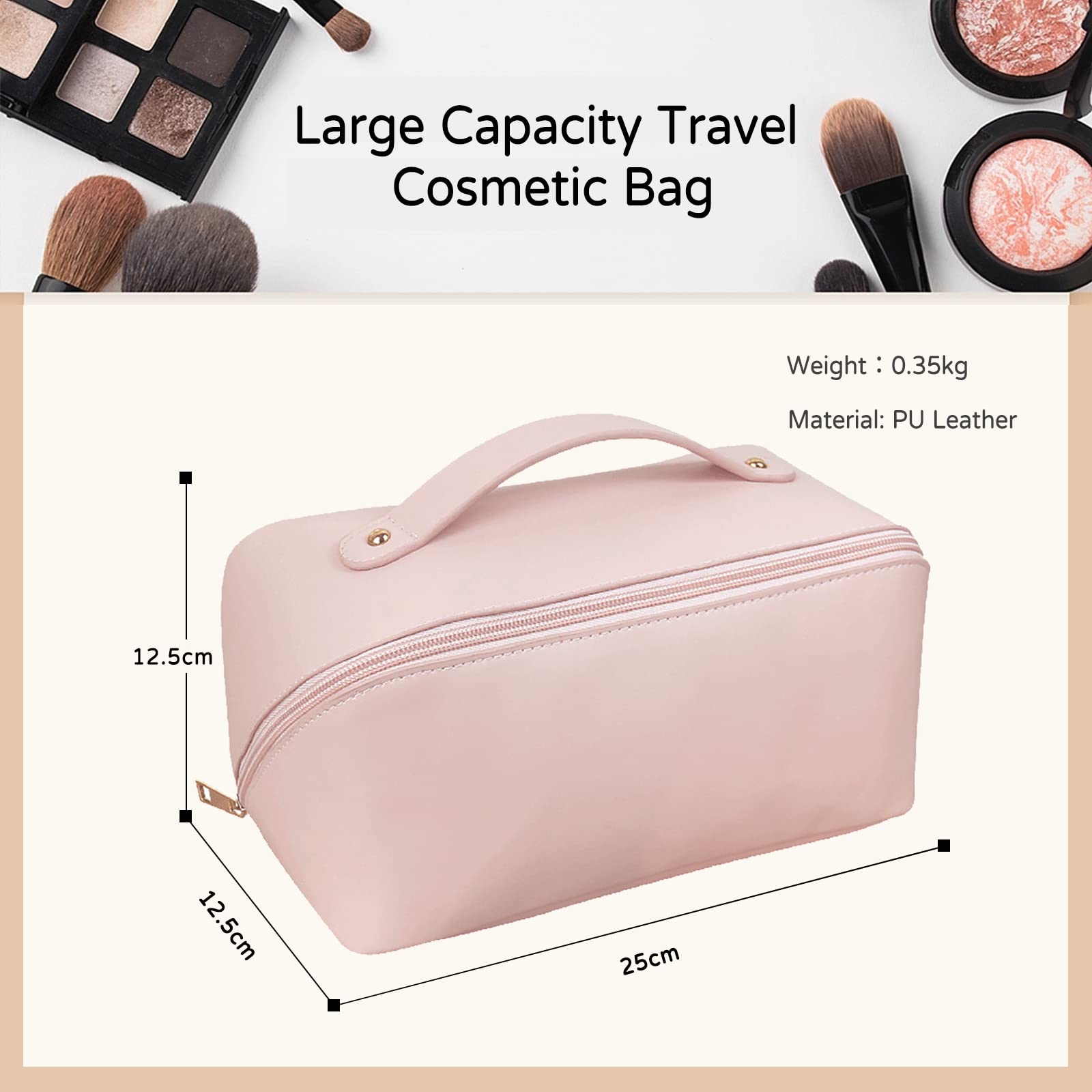 Large Capacity Waterproof Travel Cosmetic Bag with Handle & Zipper - Multifunctional PU Makeup Organizer Toiletry Bag for Women & Girls (Pink) - Perfect for Air Travel, Gym, Beach & Daily Use
