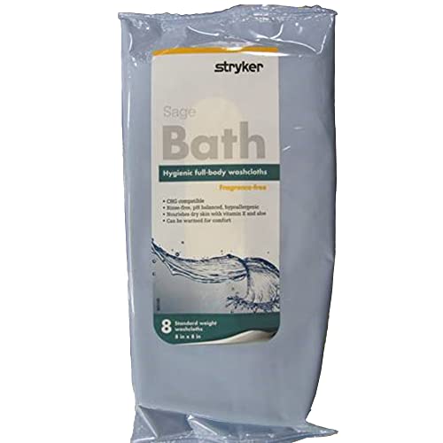 Sage Bath Washcloths - Fragrance Free & Hypoallergenic Rinse Free Bathing Wipes - Ultra Soft for Sensitive Skin - 8 Pack (88 Count) - Ideal for Elderly Care, Post-Surgery, Travel & Bed Bathing