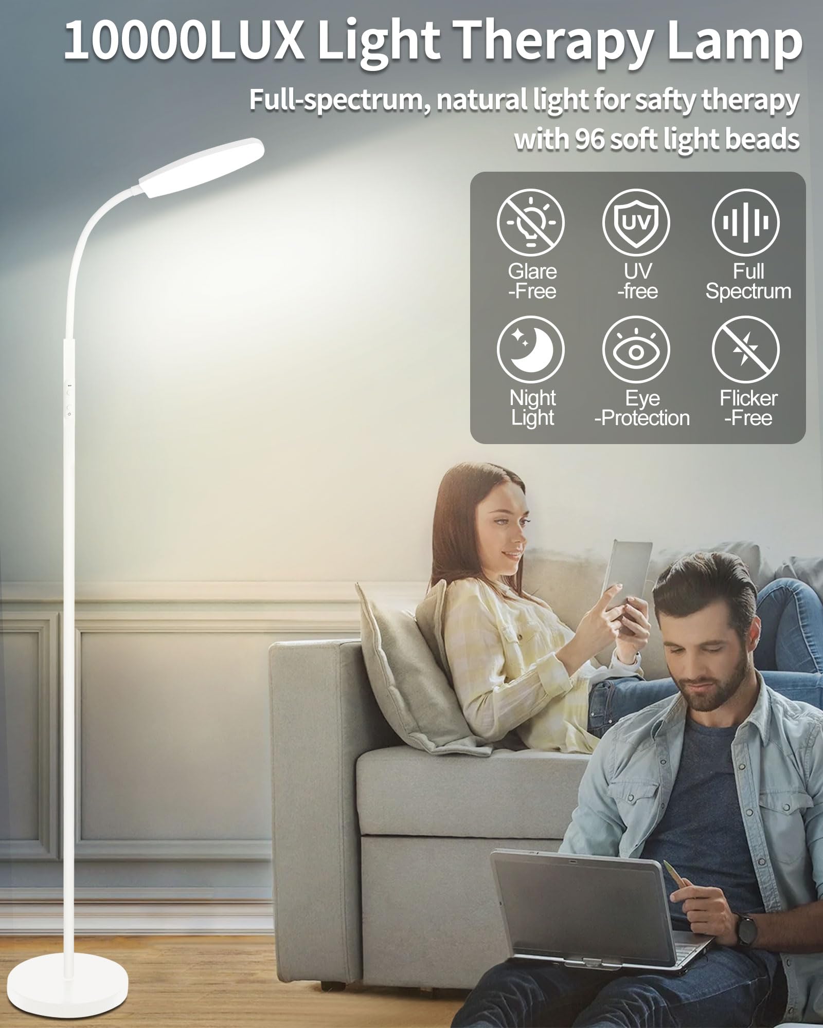 10,000 Lux UV-Free Light Therapy Lamp - Full Spectrum Sunlight Floor Lamp with Remote, 10 Color Temperatures & 6 Brightness Levels + Timer - Ideal for Seasonal Affective Disorder (SAD), Depression Relief & Home Office Wellness