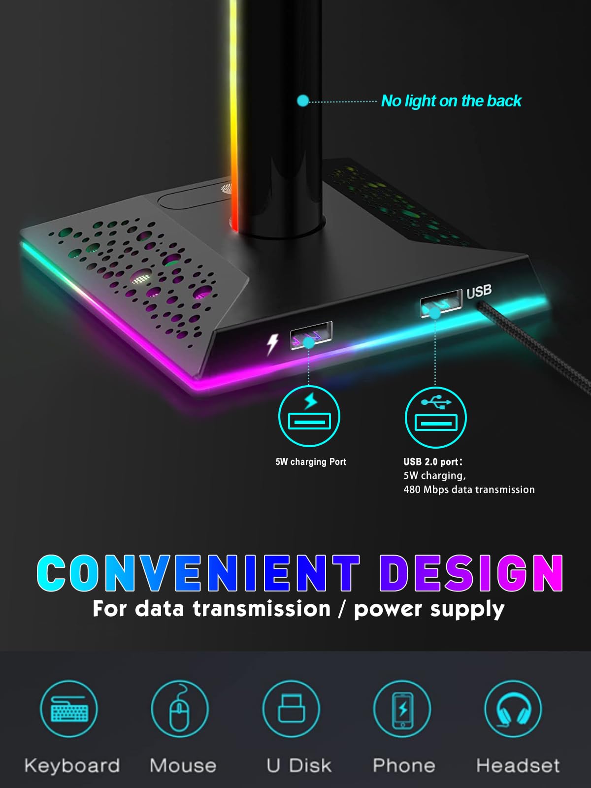 RGB Gaming Headphones Stand with 2 USB Ports & 10 Light Modes - Non-Slip Rubber Base for All Headsets - Perfect Gaming Desk Accessory for Gamers, Kids, Boyfriend - Ideal Gift for Husband & Gaming Enthusiasts