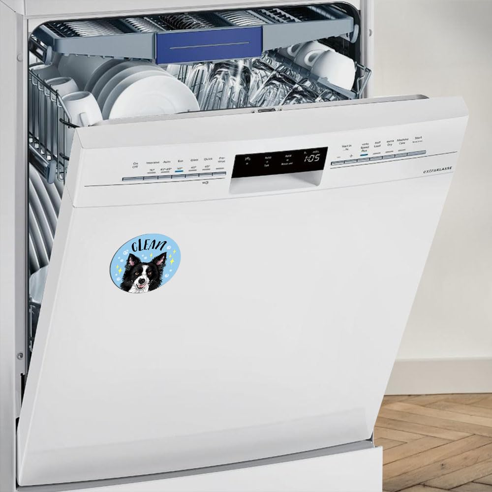 WIRESTER 3.5 Inch Dishwasher Clean/Dirty Sign - Double Sided Magnetic Indicator for Kitchen Appliances - Black & White Border Collie Design - Perfect for Dishwashers, Washing Machines & Laundry Rooms