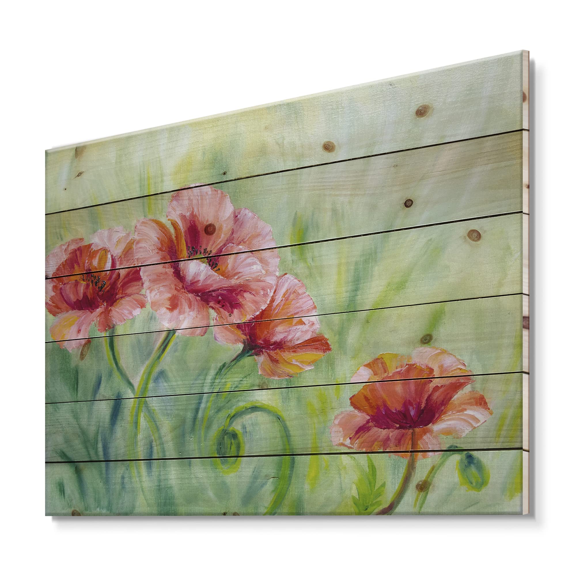 Red Blossoming Poppies II Traditional Wood Wall Art - Large Floral Pine Wood Panel Decor for Living Room, Bedroom & Office