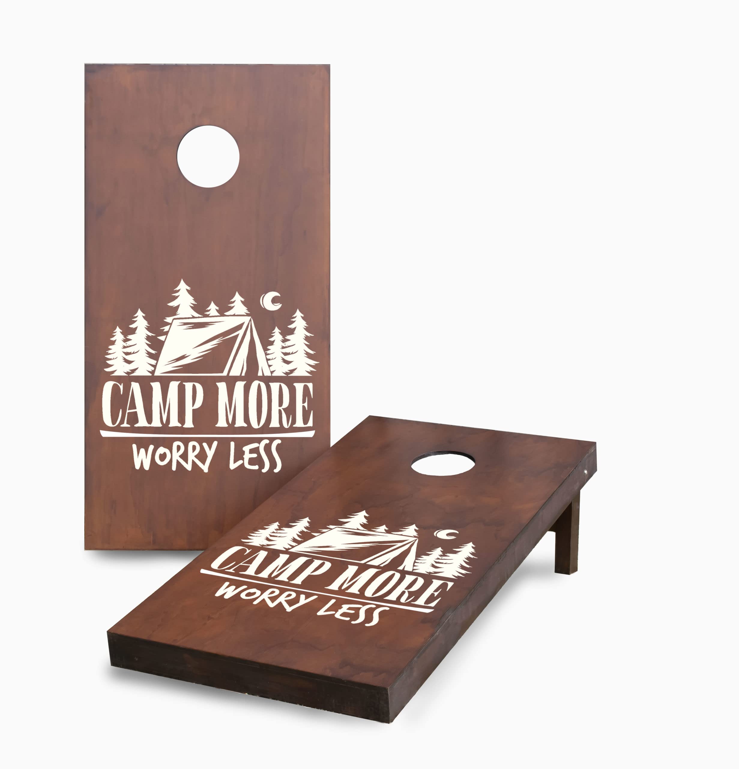 Skip's Garage Stained Camp More Worry Less Corn Hole Board Set - 2 Boards & 8 Bags - Premium Outdoor Lawn Game for Backyard, Tailgate Parties & Beach Fun