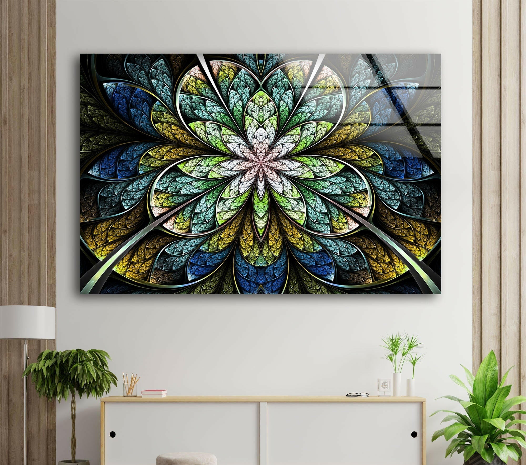 Blue Fractal Flower Glass Wall Art - Handmade Modern Home Decor for Living Room, Bedroom & Office - Elegant Glass Mosaic Wall Hanging for Unique Interior Design