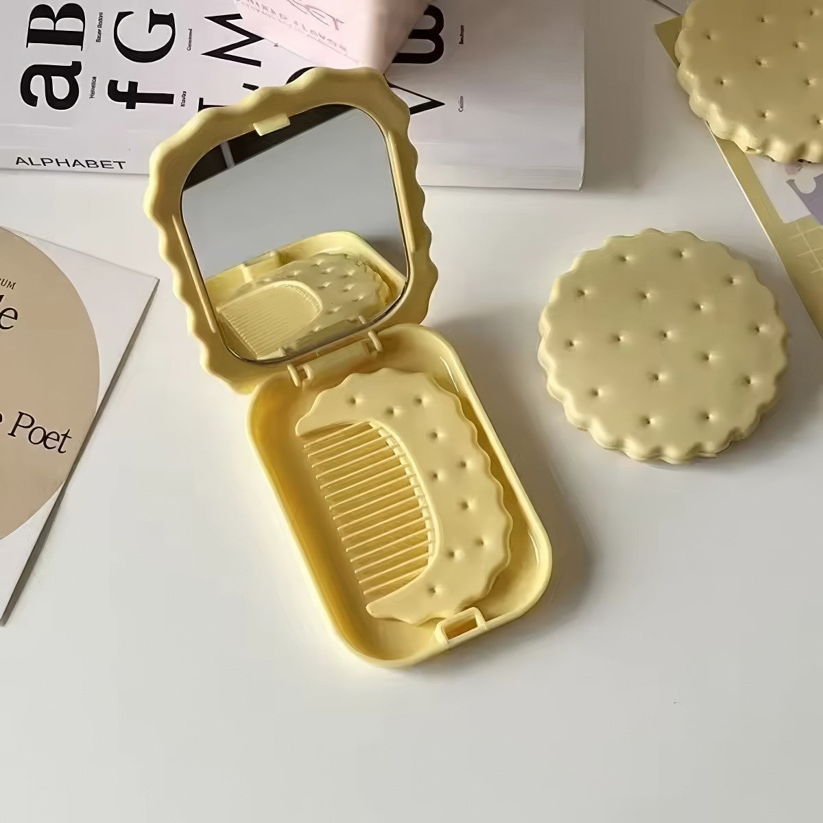 Cute Kawaii Biscuit-Shaped Compact Mirror - Portable Makeup Mirror for Travel, Purse & Touch-Ups
