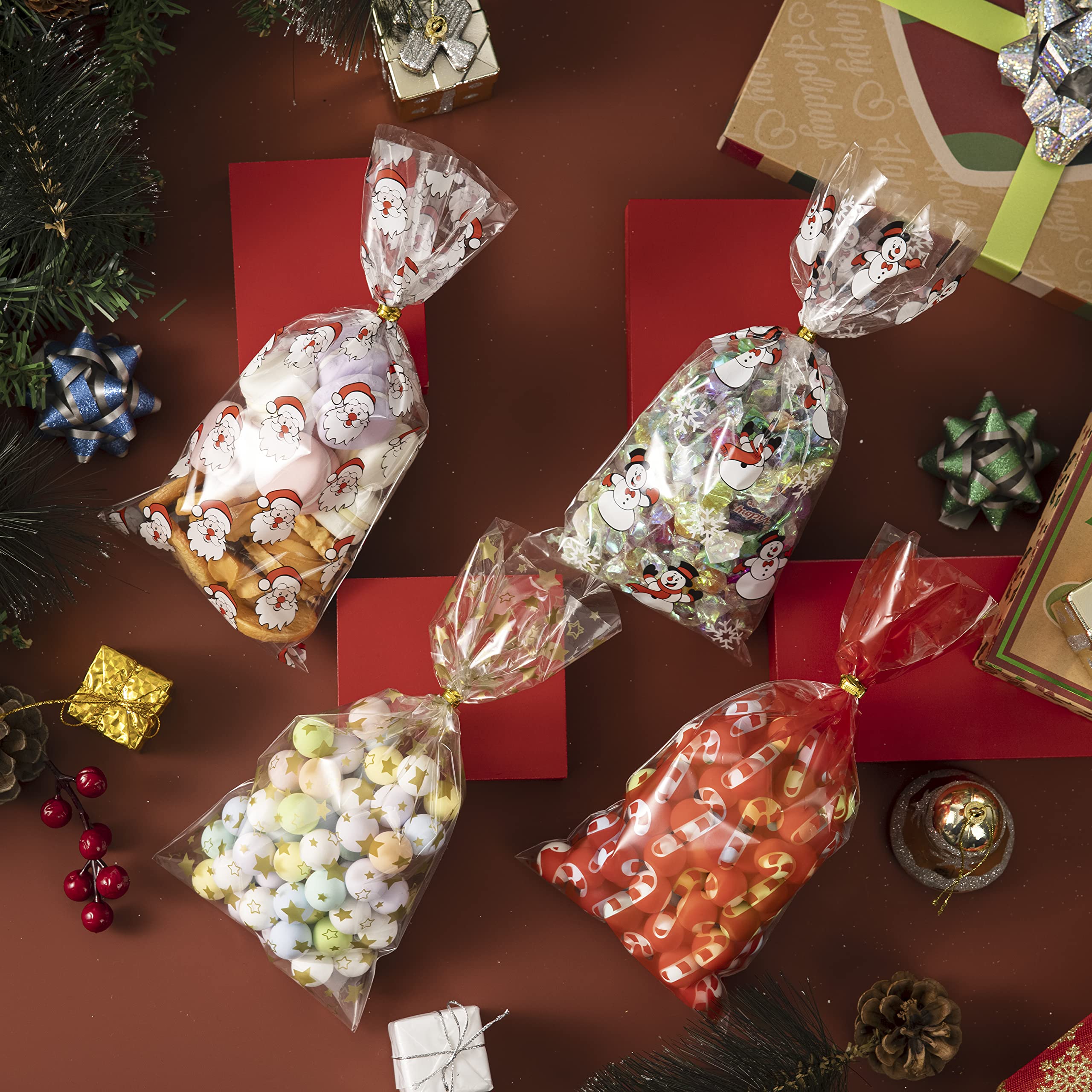 JOYIN 144-Piece Christmas Cellophane Gift Bags with Ribbon - Holiday Treat Bags for Candy, Cookies & Party Favors - Clear Cello Goodie Bags for Xmas Gifts, Stocking Stuffers & Holiday Celebrations