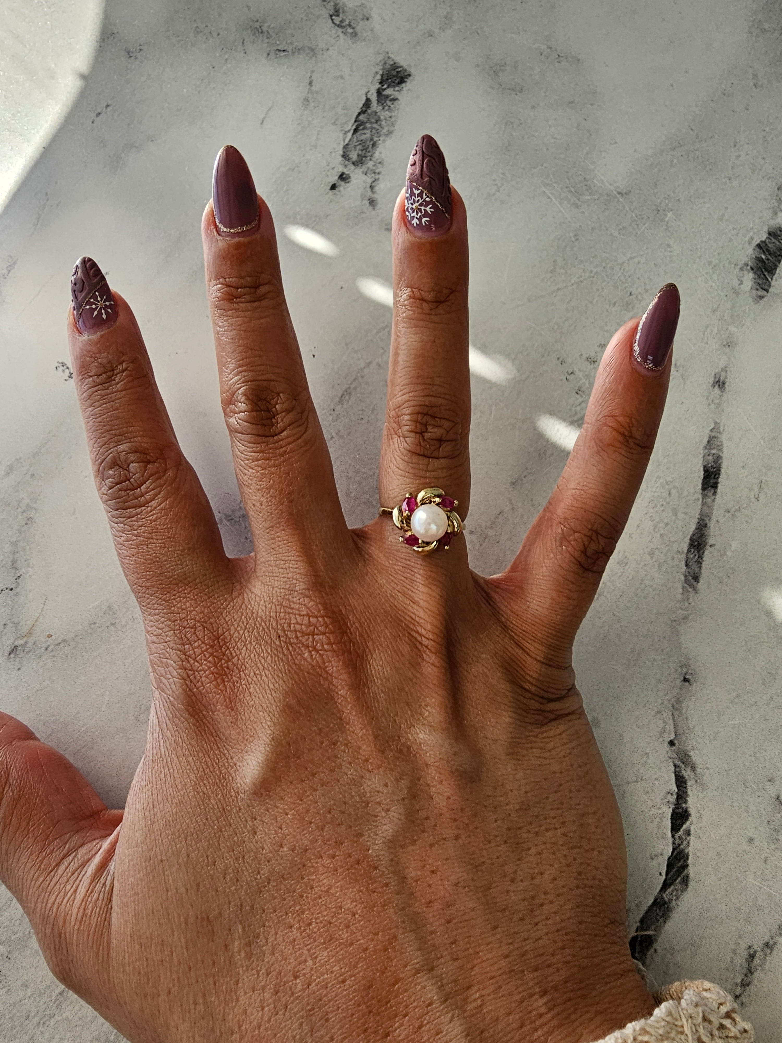 14K Yellow Gold Marquise Ruby and Pearl Accent Ring for Women - Elegant Jewelry Gift for Wedding, Anniversary, and Special Occasions