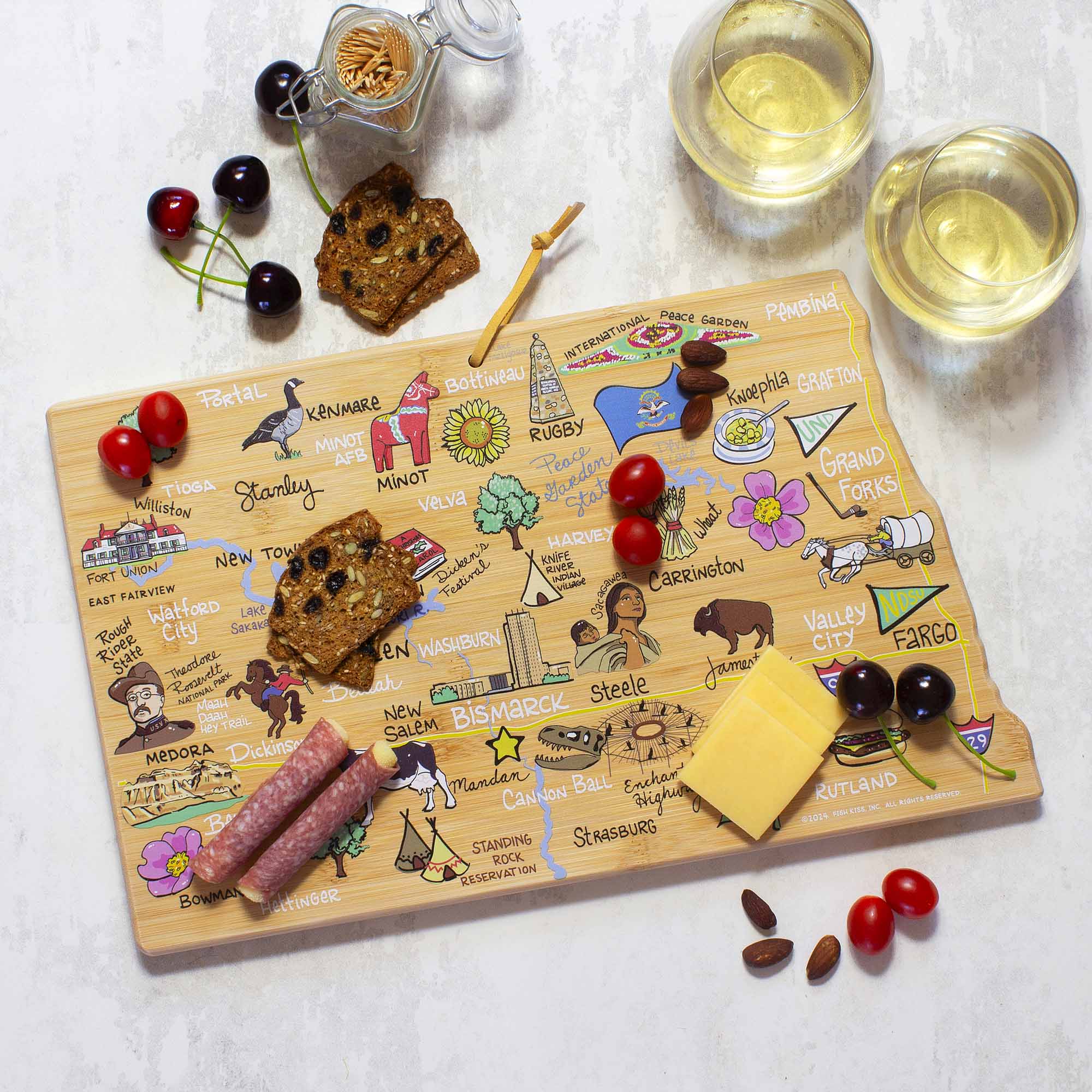 Premium North Dakota Themed Wooden Cutting Board with Fish Kiss™ Artwork - Perfect for Kitchen Decor, Gift Giving, and Food Preparation