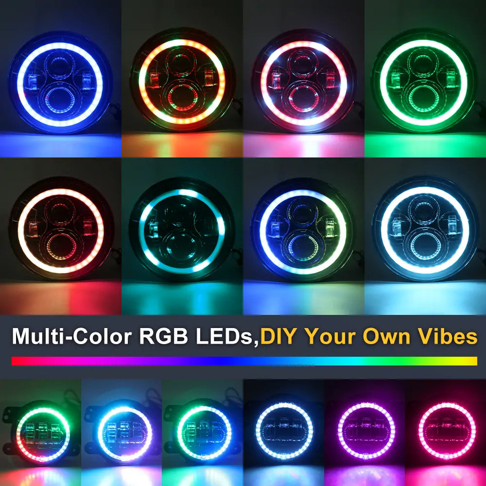 7 Inch RGB LED Headlights for Jeep Wrangler JK JL Gladiator - Waterproof Off-Road Lights with Multiple Color Modes, Perfect for Night Driving, Off-Roading & Custom Car Mods