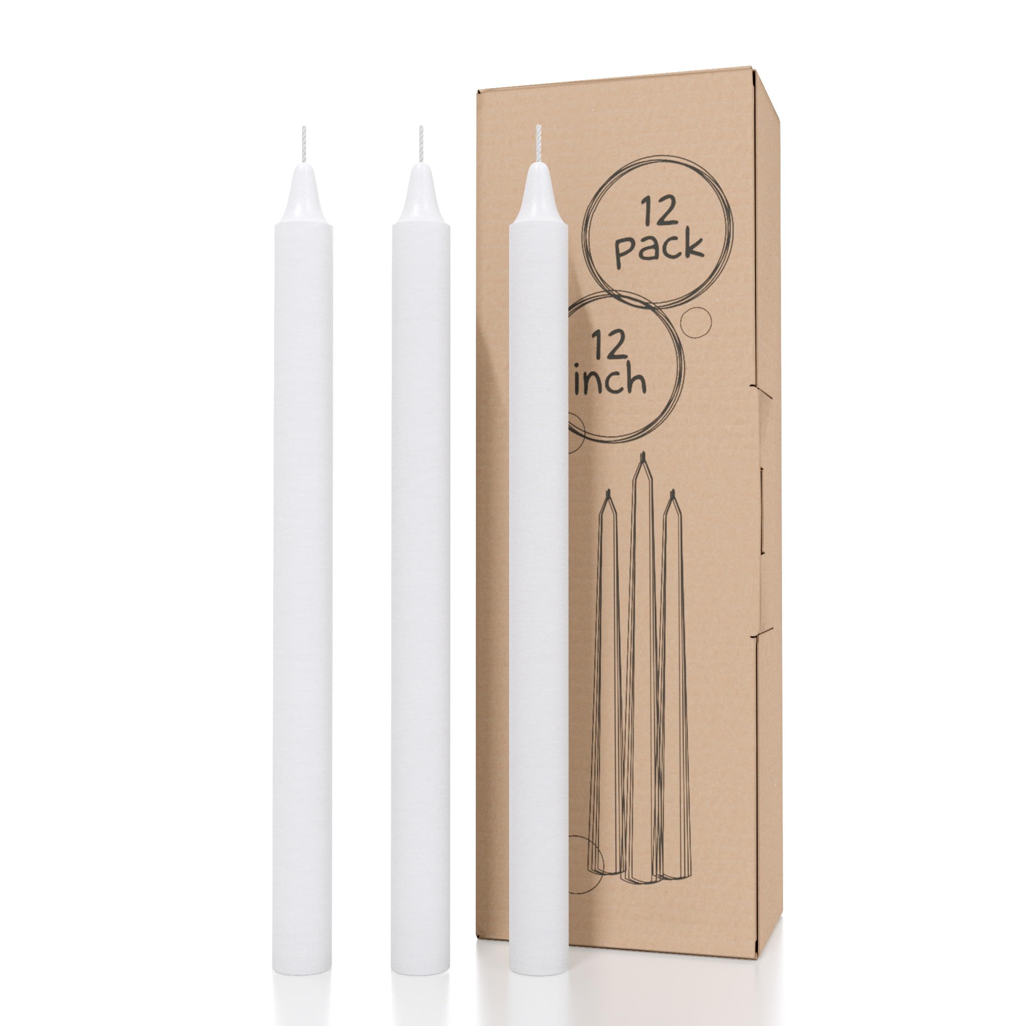 Premium White Taper Candles 12-Pack - 12 Inch Unscented Dinner Candles for Elegant Tablescapes, Romantic Dinners & Wedding Centerpieces - Slow Burning Dripless Smokeless Long Candlesticks for Home Decor & Special Occasions