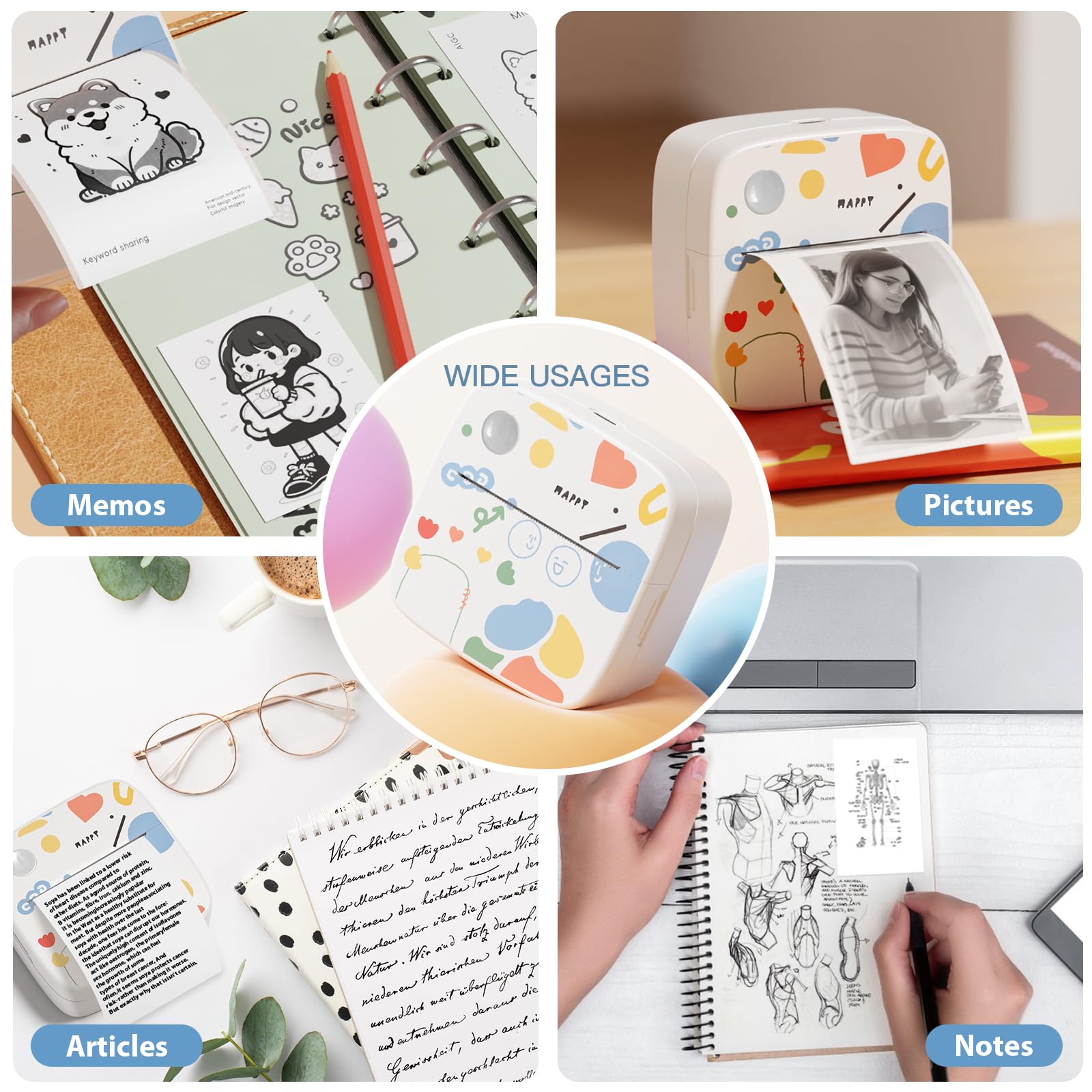 Bluetooth Portable Thermal Sticker Printer with 9 Rolls Thermal Paper - Compatible with iOS & Android - Pocket Inkless Mini Label Maker for Study, Journal, Memo, Notes - Perfect for Home, Office & School Organization