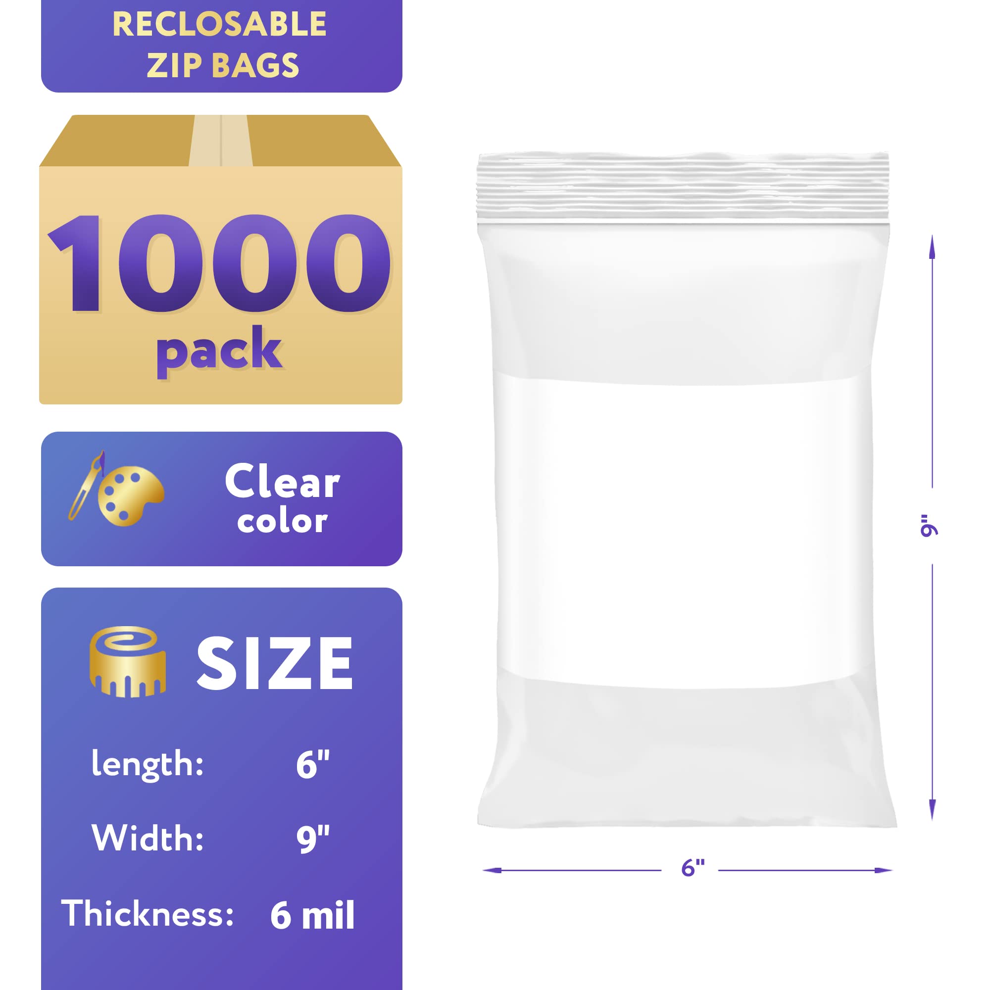 1000 Pack 6x9 Inch White Block Reclosable Zipper Bags | Food Storage Bags with Write-On Panel | Waterproof 6 Mil Clear Plastic Bags for Small Business Packaging | Ideal for Snacks, Crafts, Jewelry & Retail Products