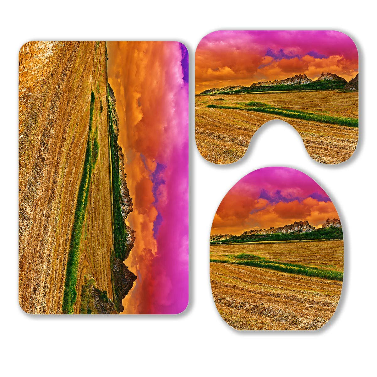 ECZJNT 3-Piece Bathroom Rug Set - Soft Wheat Field Hills Sicily Sunset Design, Non-Slip Contour Mat & Toilet Lid Cover - Perfect for Modern Bathrooms, Guest Suites & Coastal Home Decor