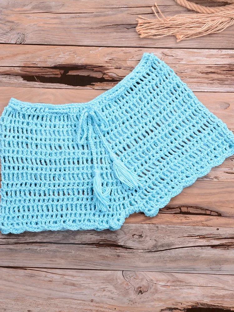 Crochet Hollow Out Tassel Beach Cover Up - Sexy Women's Mini Top Bikini Swimwear Bathing Suit Cover Up for Summer Vacation, Pool Party & Beach Day