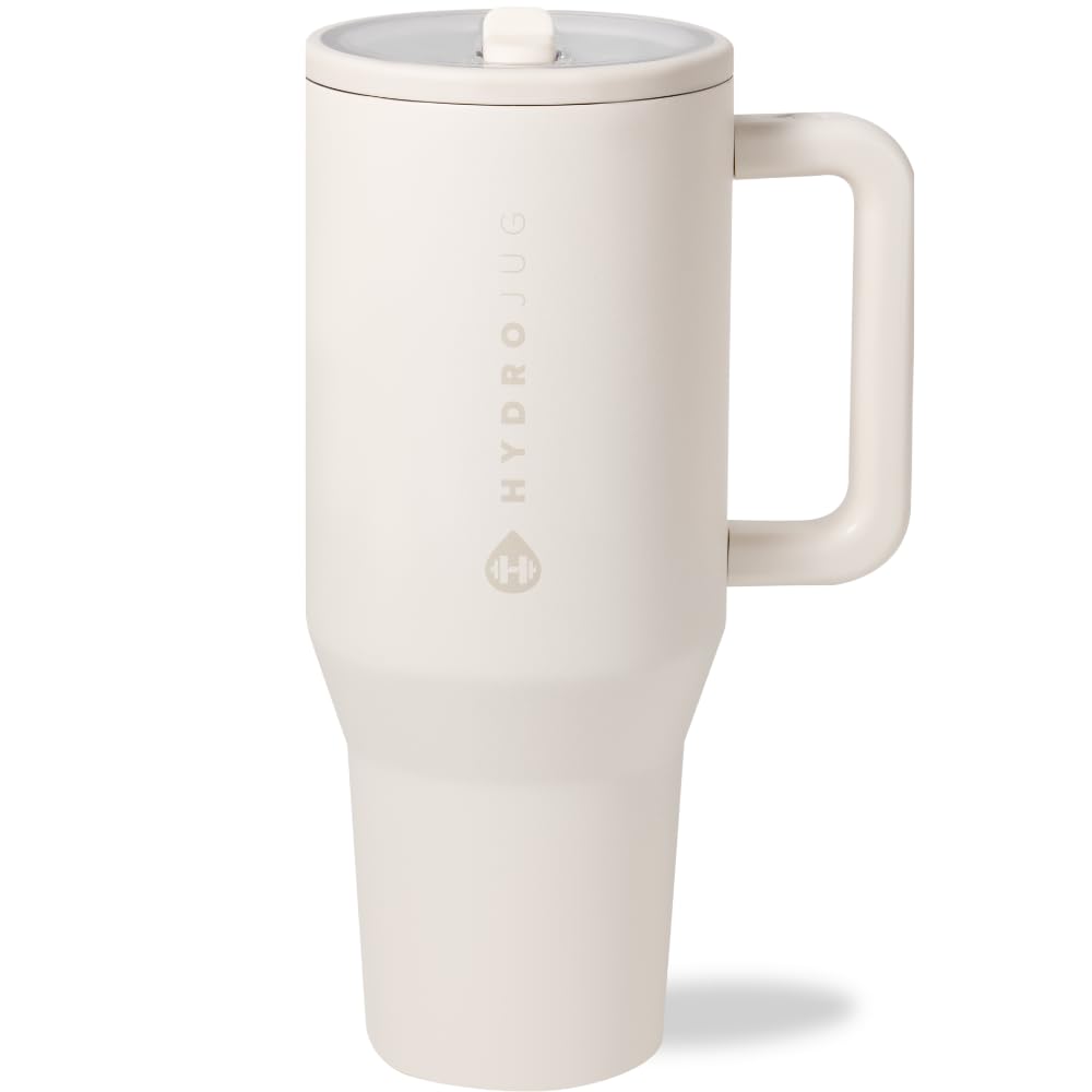 HydroJug Traveler - 40 oz Insulated Stainless Steel Water Bottle with Handle & Flip Straw - Leak Proof, Fits in Cup Holder, Reusable Tumbler with Rubber Base - Perfect Gift for Women & Men (Cream) - Ideal for Gym, Hiking, Office & Outdoor Activities