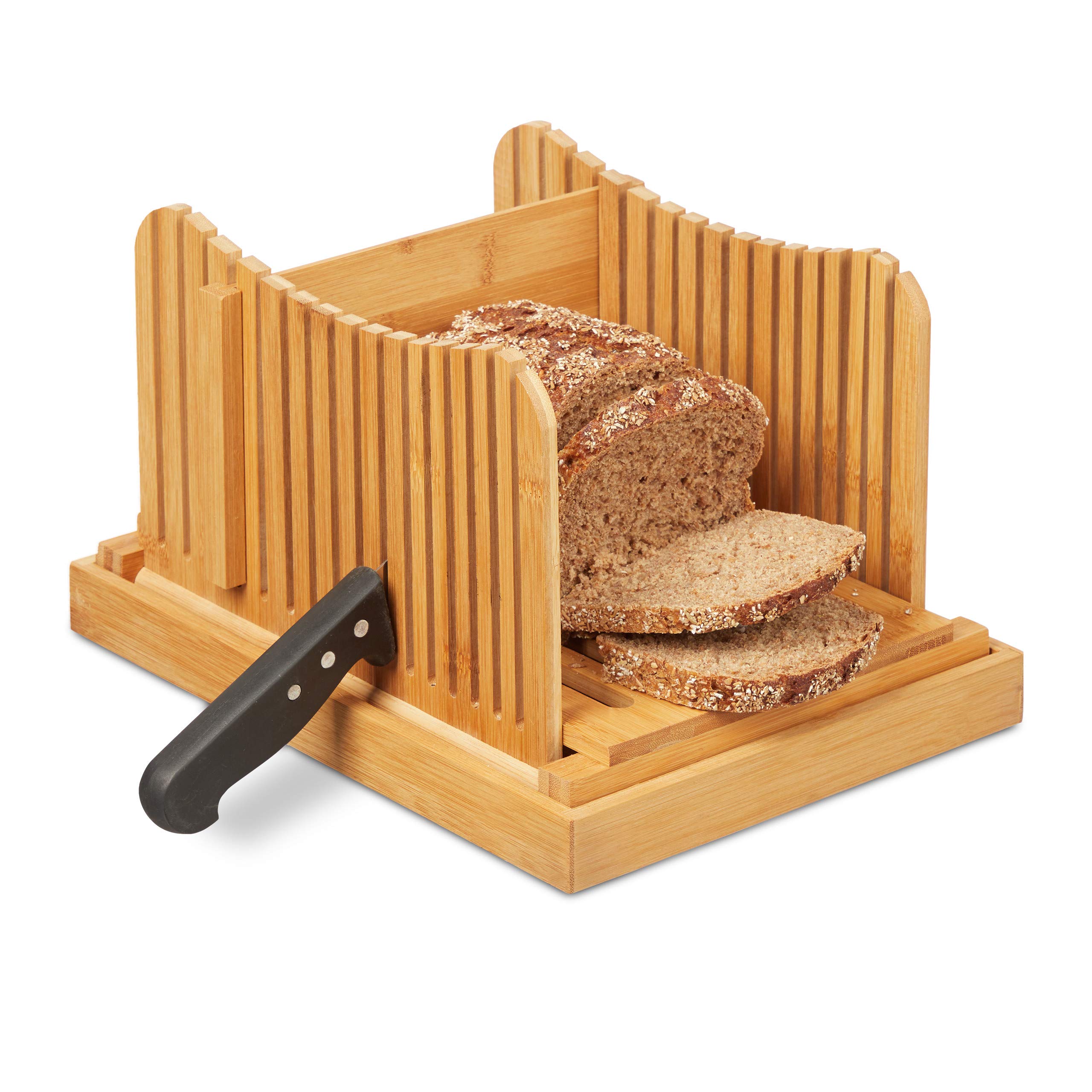 Relaxdays 10027486 Adjustable Bamboo Bread Slicer with Crumb Catcher - Perfect for Toast, Cake & Loaf Cutting - Natural Wood Cutting Board for Kitchen & Baking Enthusiasts