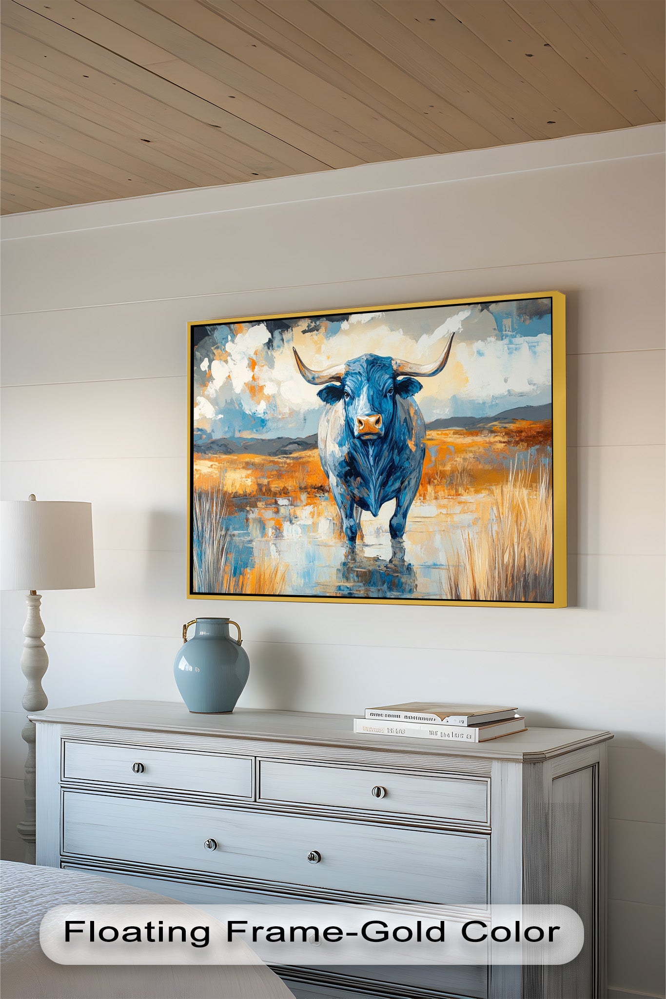 Blue Desert Bull - Hand Painted Animal Oil Canvas Artwork | Western Wildlife Decor for Living Room, Bedroom & Office