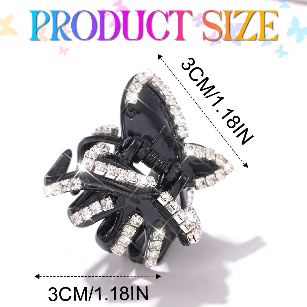 BARTOSI Small Rhinestone Butterfly Hair Claw Clips for Women & Girls - Black Mini Hair Accessories (2-Pack) | Perfect for Ponytails, Updos & Everyday Hairstyles
