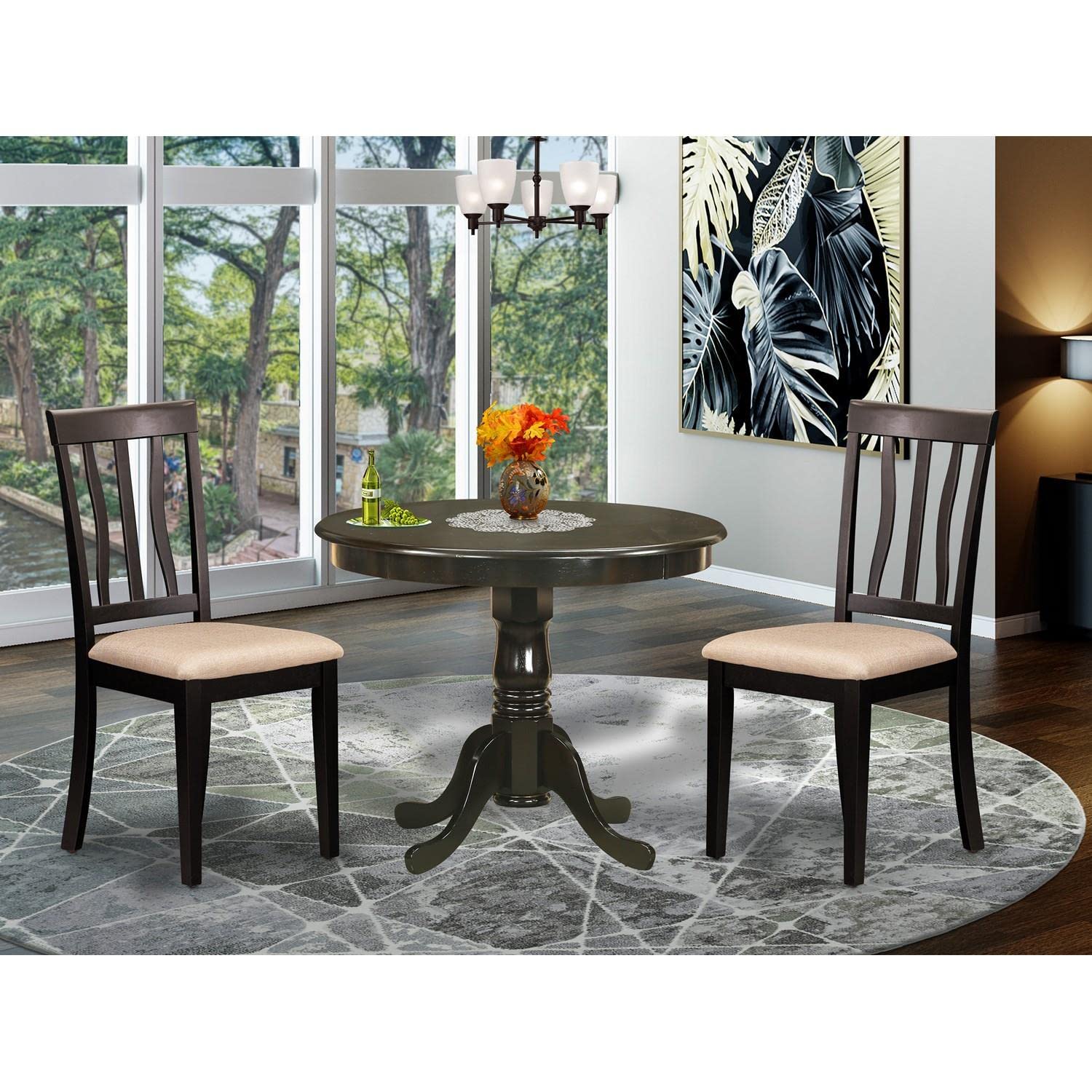 East West Furniture 3-Piece Round Dining Table Set with Pedestal Base & 2 Upholstered Chairs, 36x36 Inch, Cappuccino - Perfect for Small Kitchen, Breakfast Nook, or Apartment Dining Space