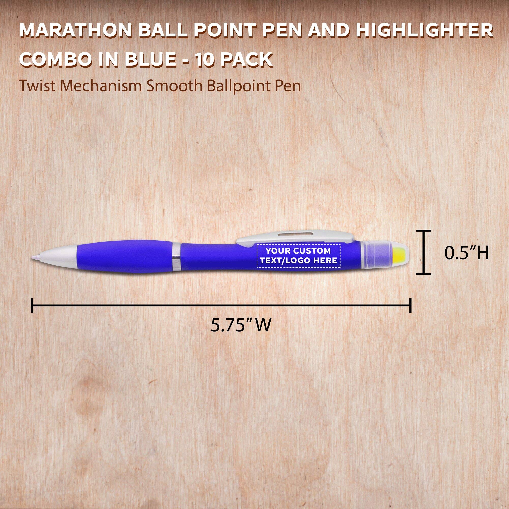 10 Pack Marathon Gel Highlighter Pens - Custom Text & Logo Printing - Twist Action Ballpoint - Blue Office & School Supplies for Note Taking, Book Marking & Study Sessions