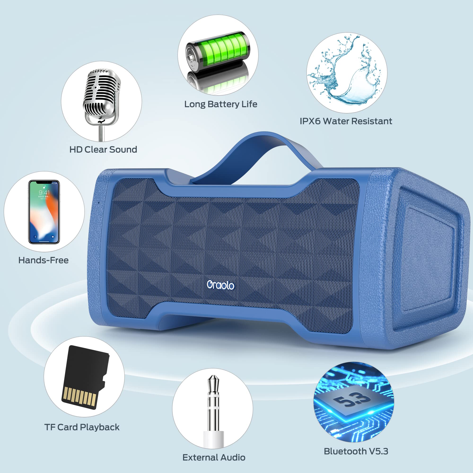 Oraolo 40W Portable Bluetooth Speaker with Stereo Sound, IPX6 Waterproof Wireless Speaker, USB/AUX Input, Built-in Mic - Perfect for Home, Party, Outdoor, Travel & Beach (Blue)