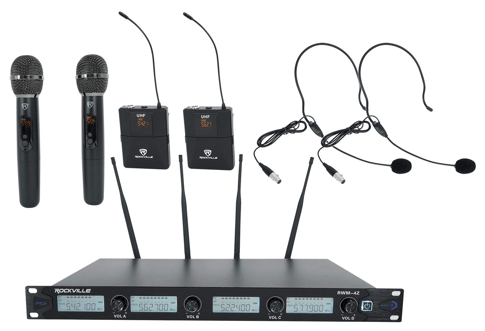 Rockville RWM-4Z 20-Channel UHF Wireless Microphone System with 4 Handheld/Headset Mics - Professional Audio for Karaoke, Church, Live Performances & Events (Black)