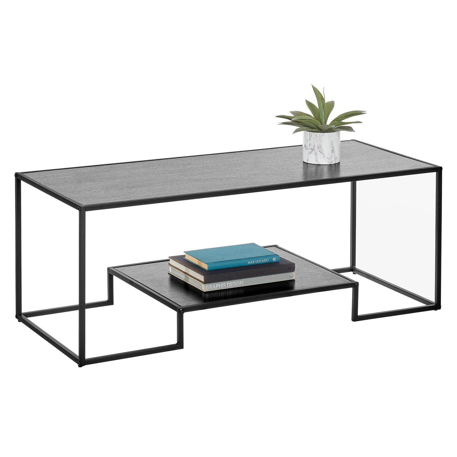 mDesign Rustic Rectangle Coffee Table with Shelf - Large Metal Living Room Table with Water-Resistant Top for Home, Office, Bedroom - Black/Black | Perfect for Small Spaces, Modern Decor & Family Gatherings