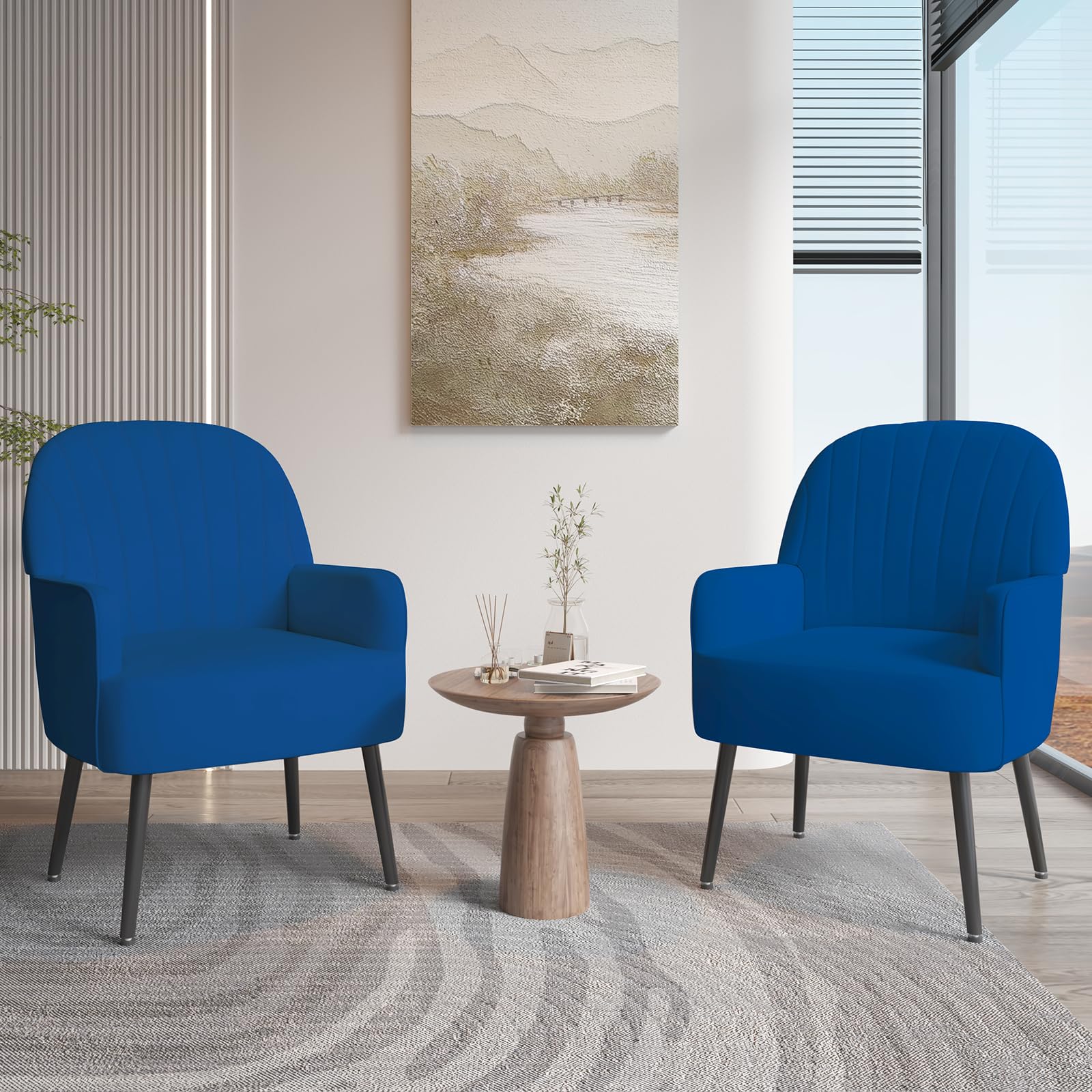 Luxury Modern Velvet Accent Chair - Comfy Upholstered Single Sofa with Armrests & High Back Support - Elegant Barrel Armchair with Sturdy Metal Legs for Living Room, Bedroom, Office & Vanity (Blue) - Perfect for Relaxing, Reading & Home Decor