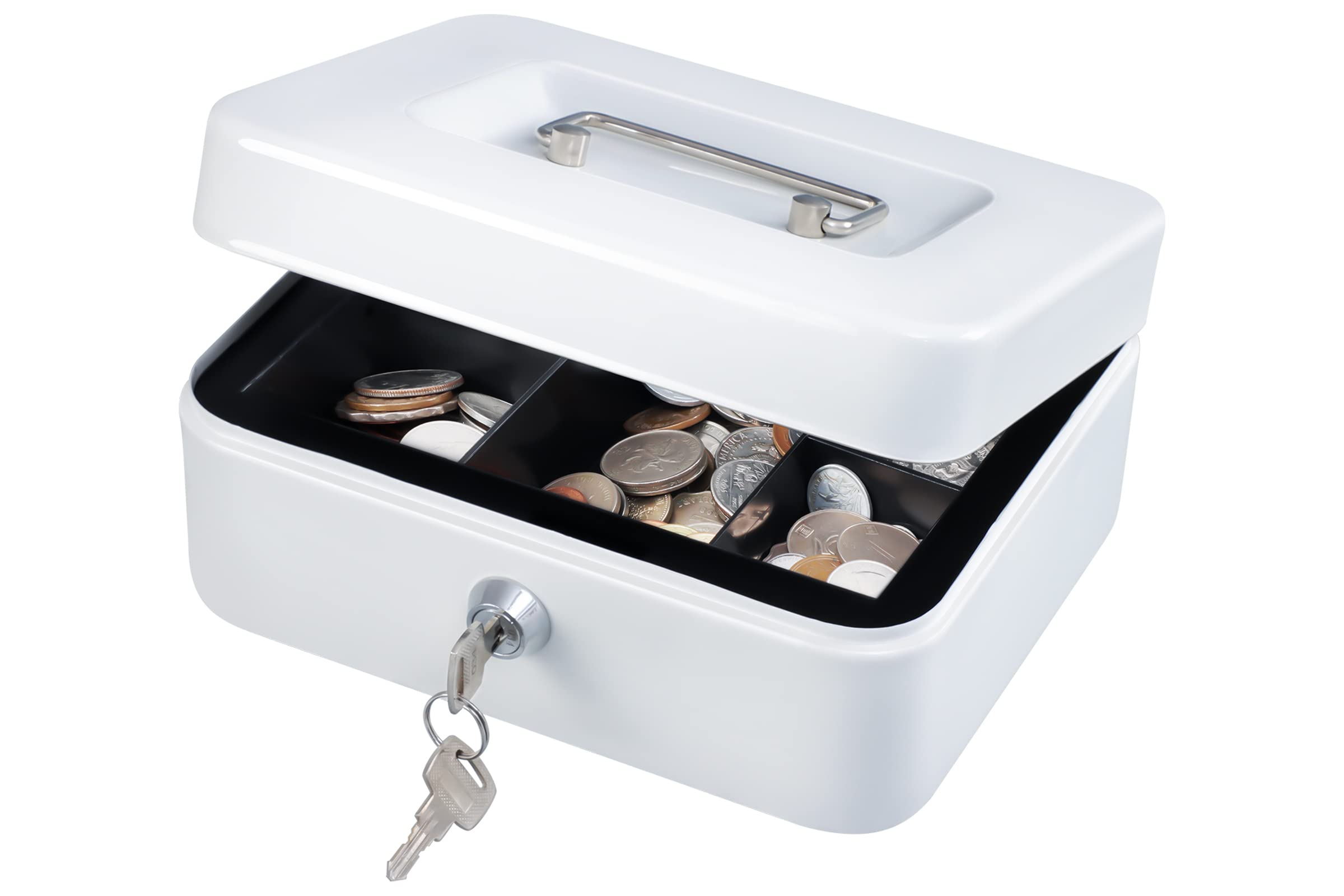 KYODOLED Medium Cash Box with Money Tray & Key Lock - 7.87x6.30x3.54 Inch Small Safe for Cash Storage - Ideal for Retail Stores, Home Office, and Small Business Security