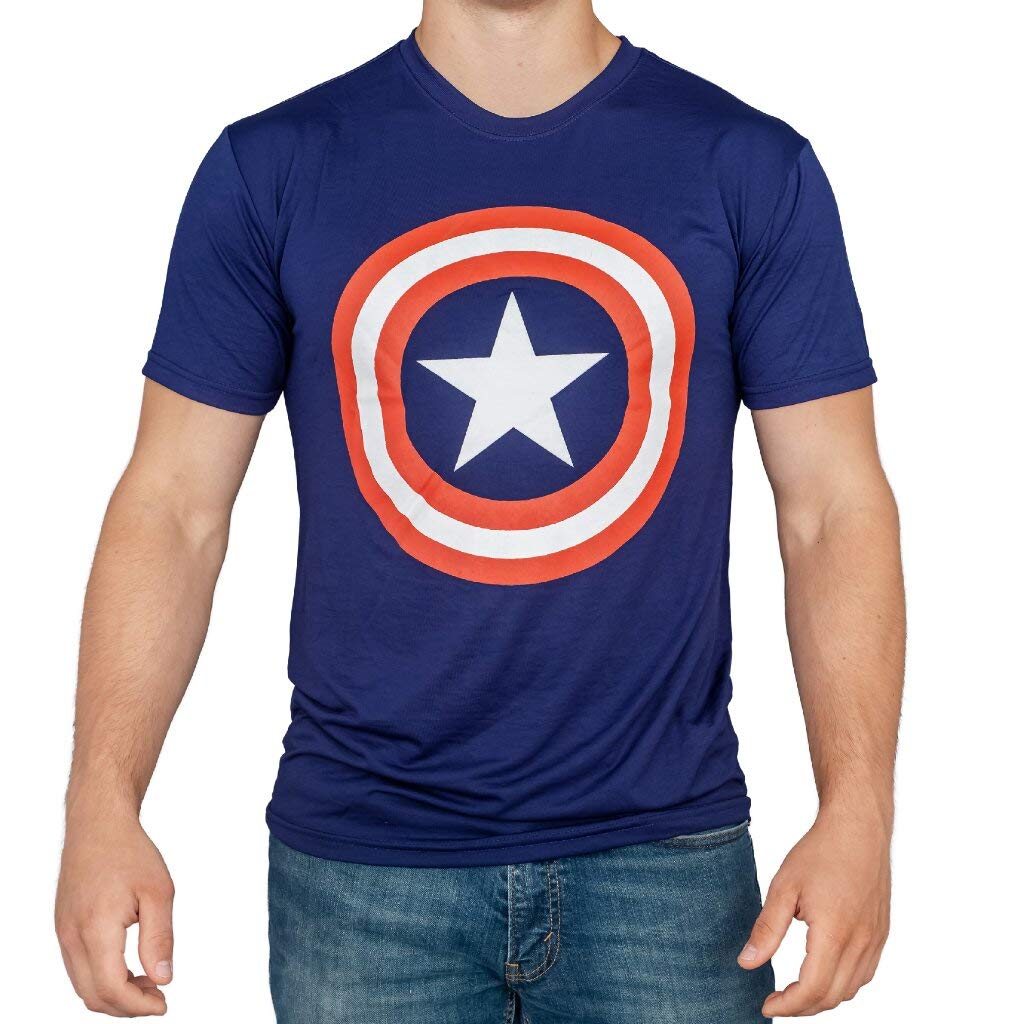 Captain America Shield Navy Blue Performance T-Shirt for Men - Moisture Wicking, Breathable Workout Shirt - Gym, Running, Cosplay, Casual Wear