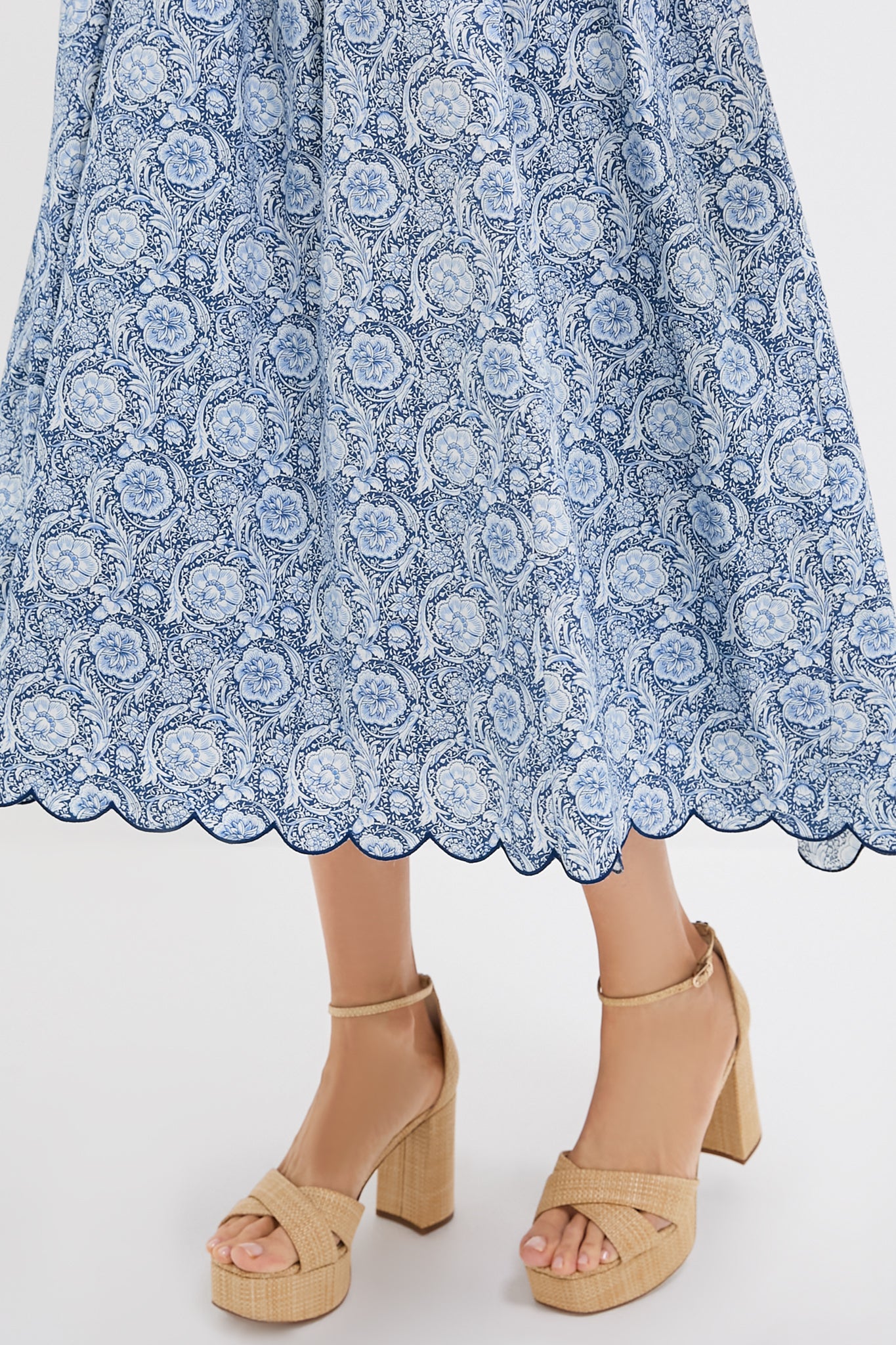Blue Medallion Floral Estelle Scalloped Dress - Elegant Women's Summer Party & Wedding Guest Dress